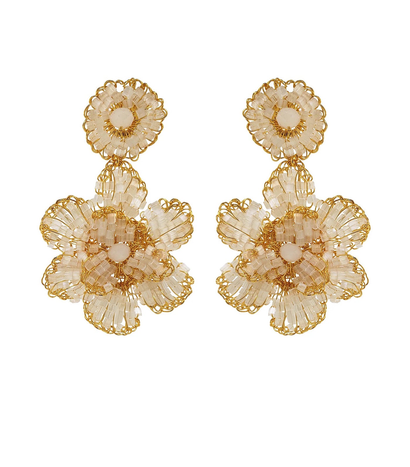 Mini Blossom Handmade Crochet Earrings White and Gold