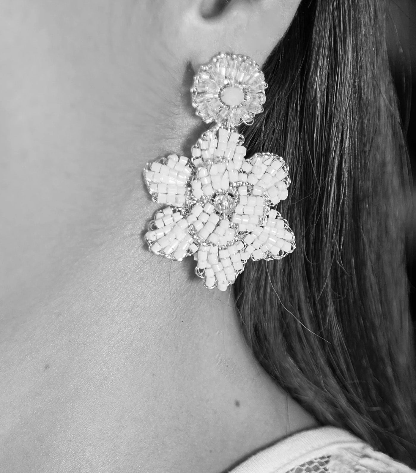 Mini Blossom Handmade Crochet Earrings White and Gold