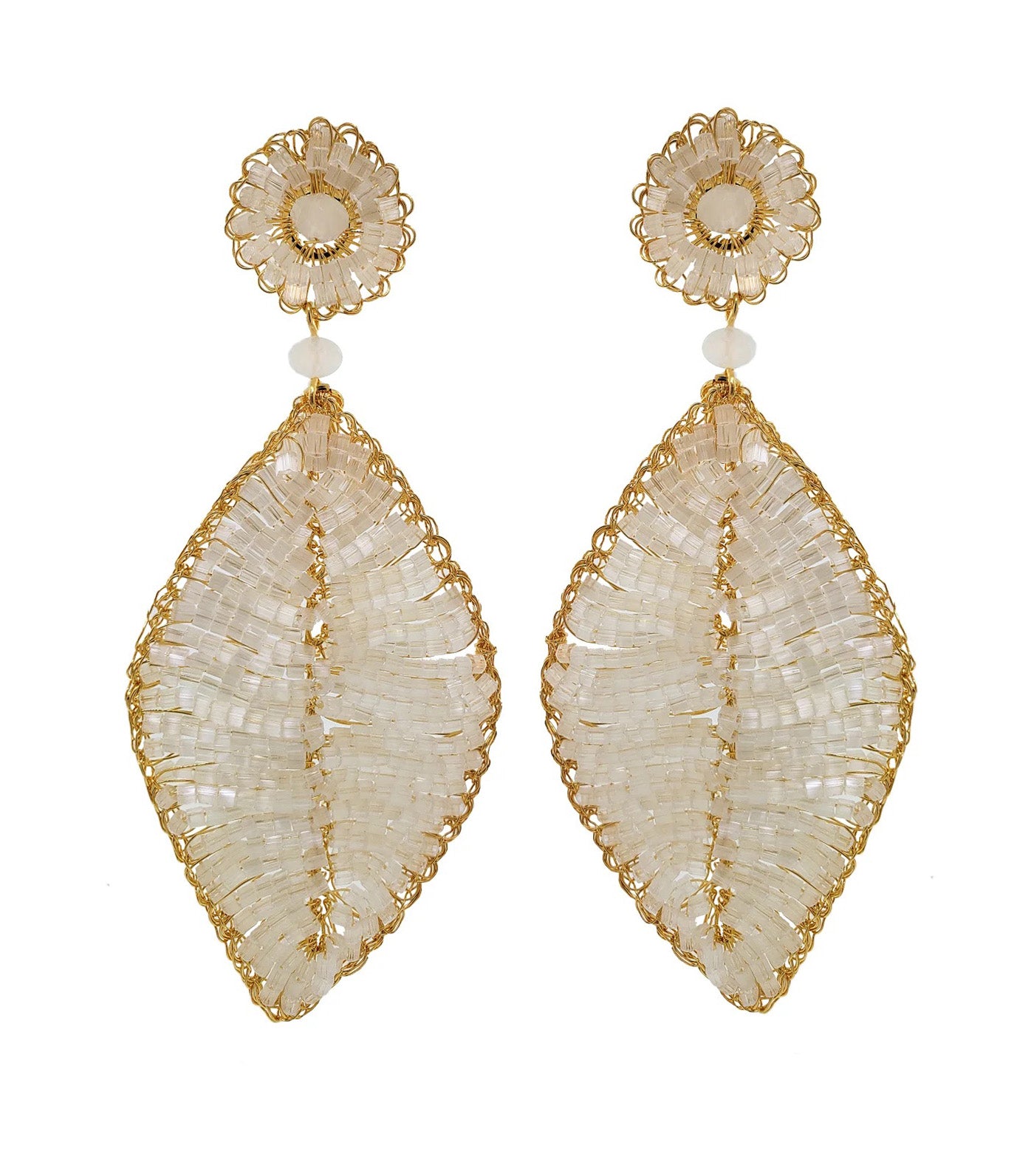 Leaf Handmade Crochet Earrings White and Gold