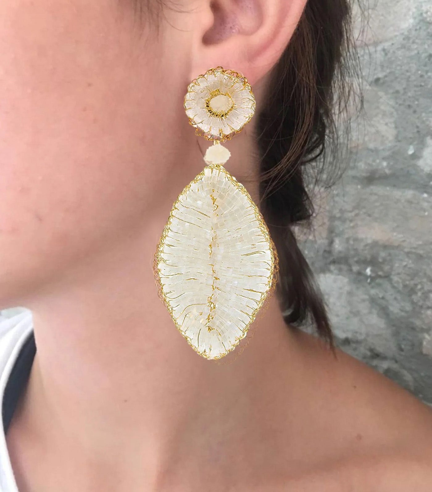 Leaf Handmade Crochet Earrings White and Gold