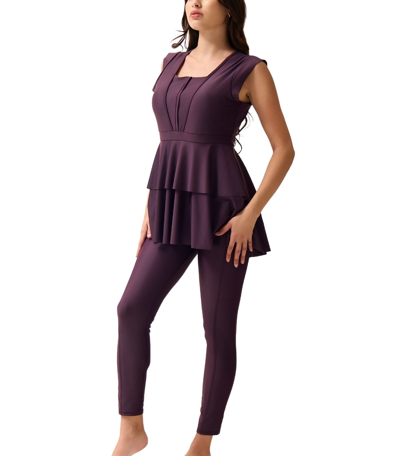 Serena Midi Sleeveless One-Piece Peplum Skirt Swimsuit Plum
