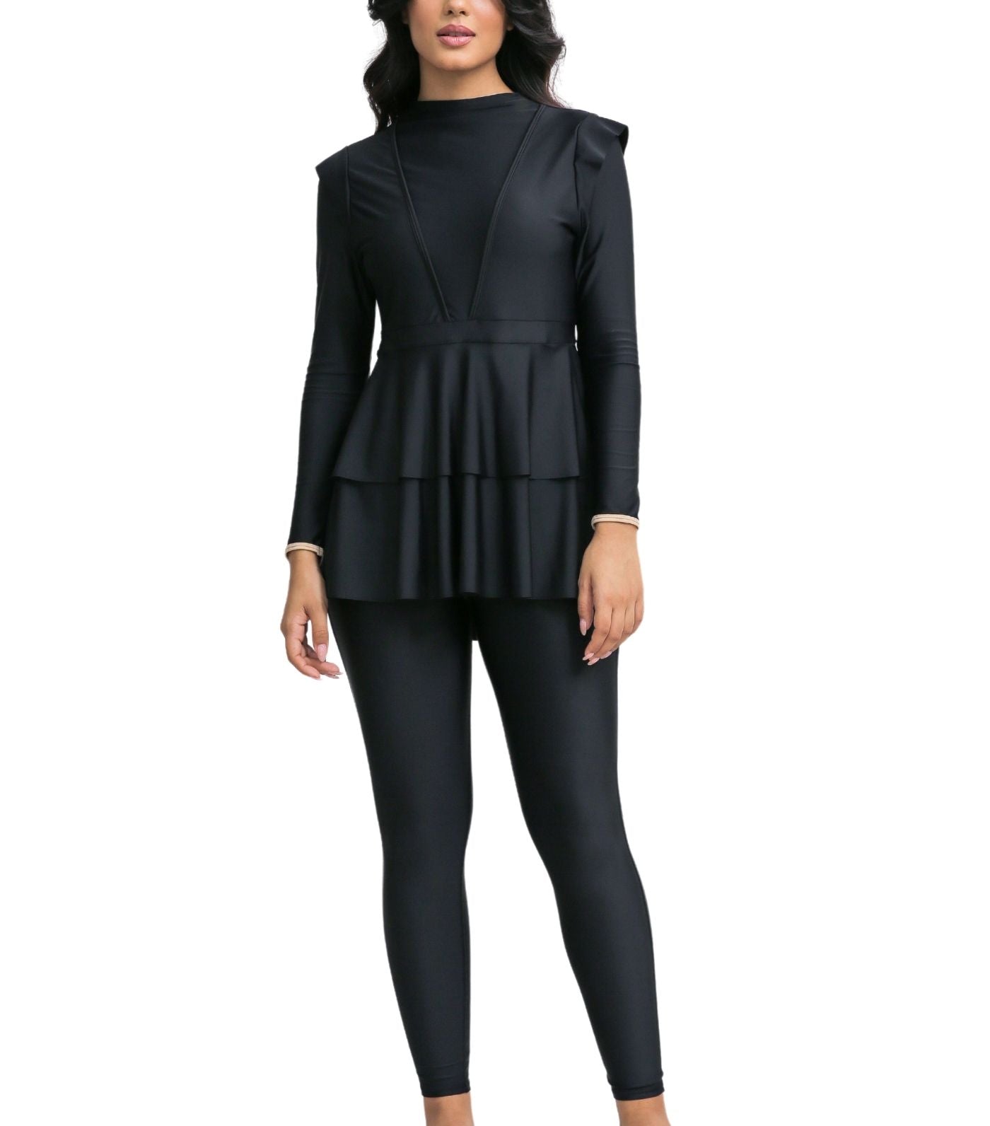 Serena Peplum Swim Dress Bodysuit Black