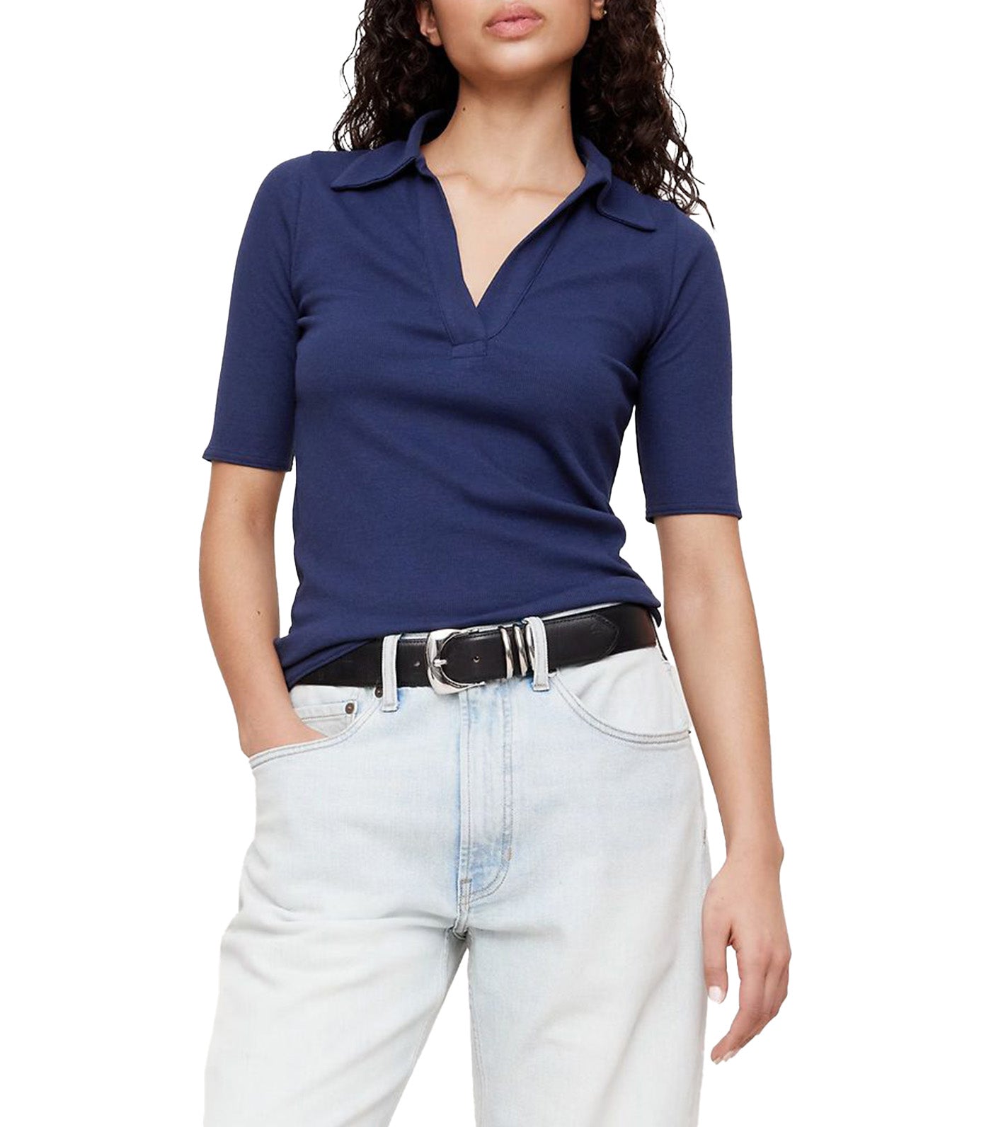 Ribbed Elbow-Sleeve Polo