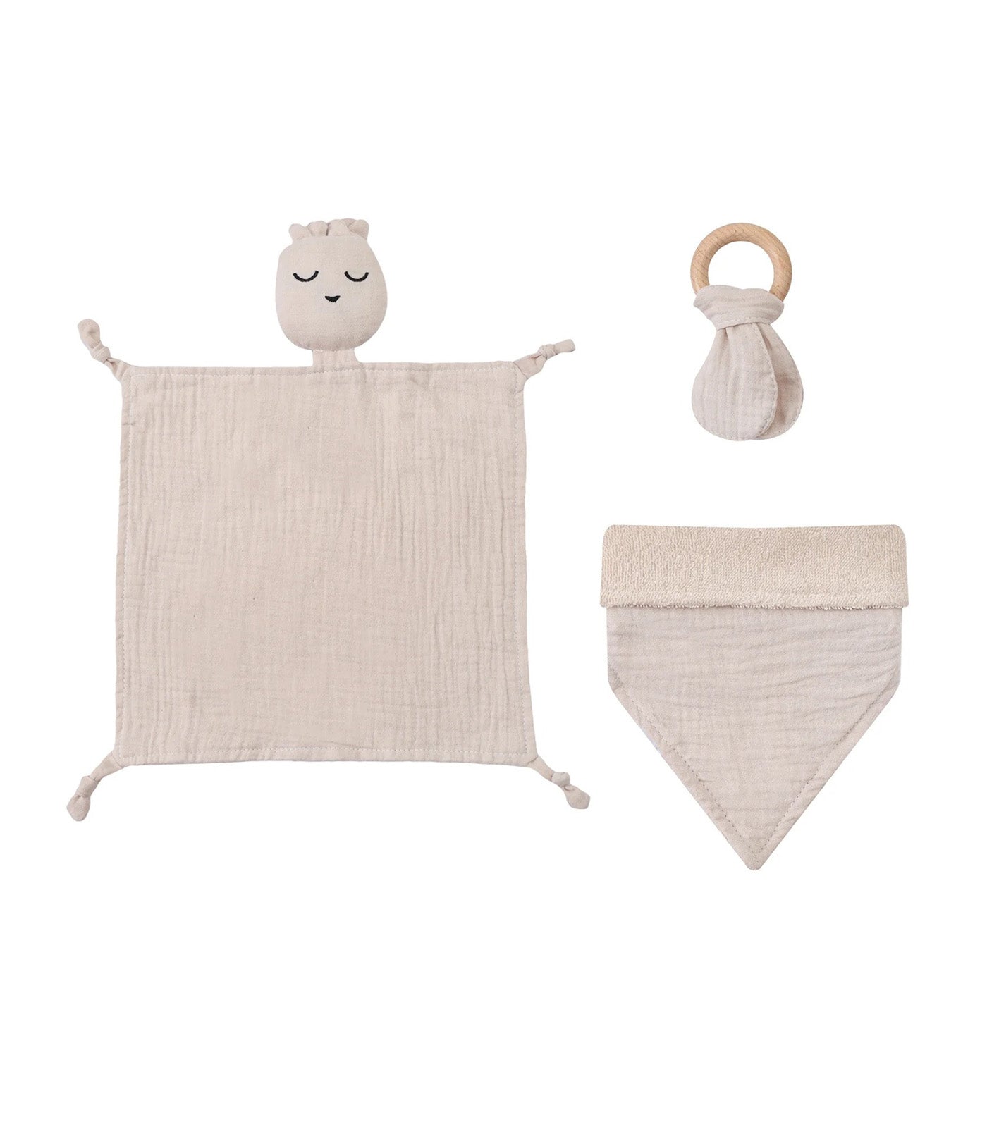 3-Piece Organic Muslin Set of Toy, Bib & Teether