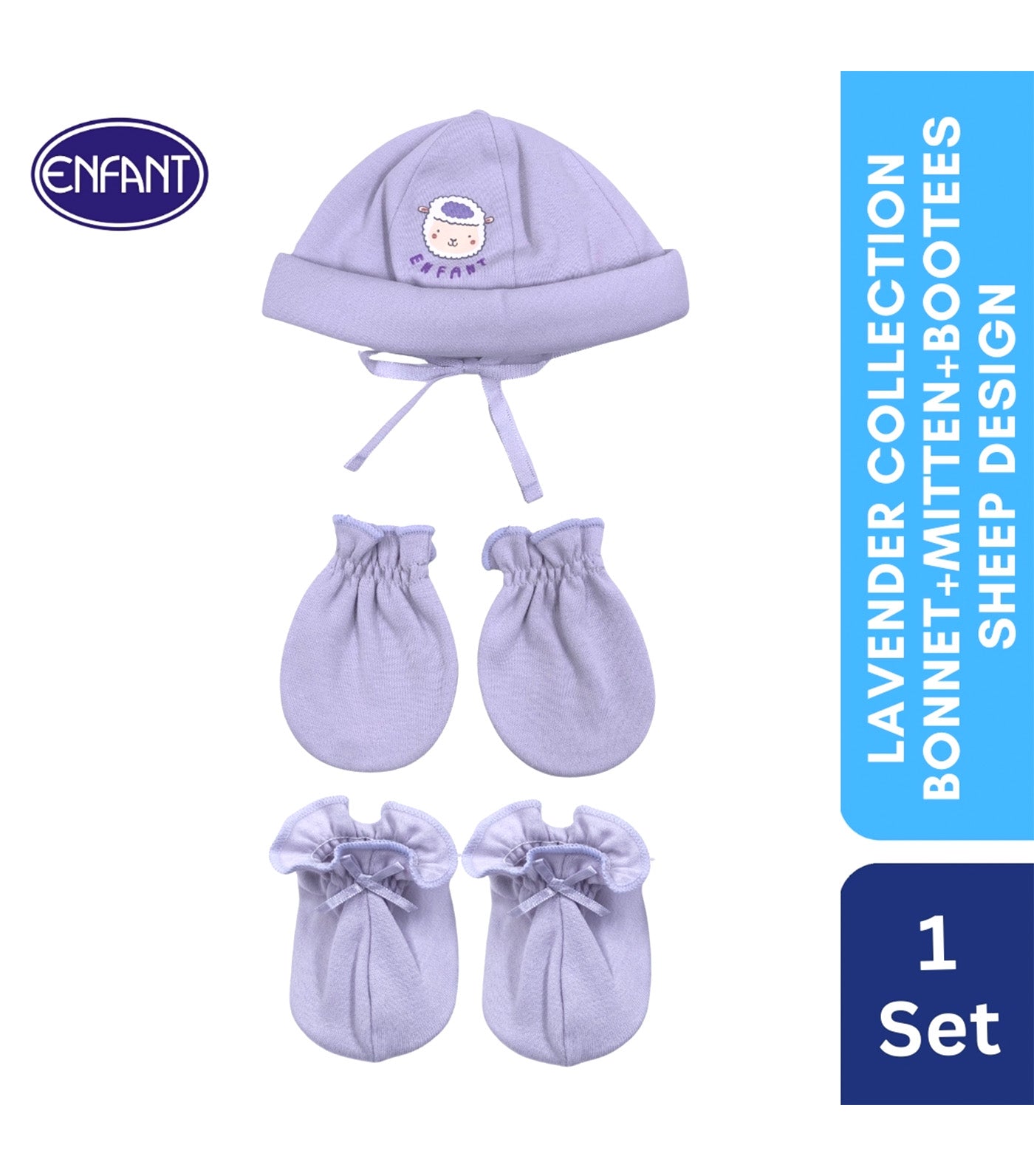 Set of Bonnet Mitten and Booties with Sheep Design