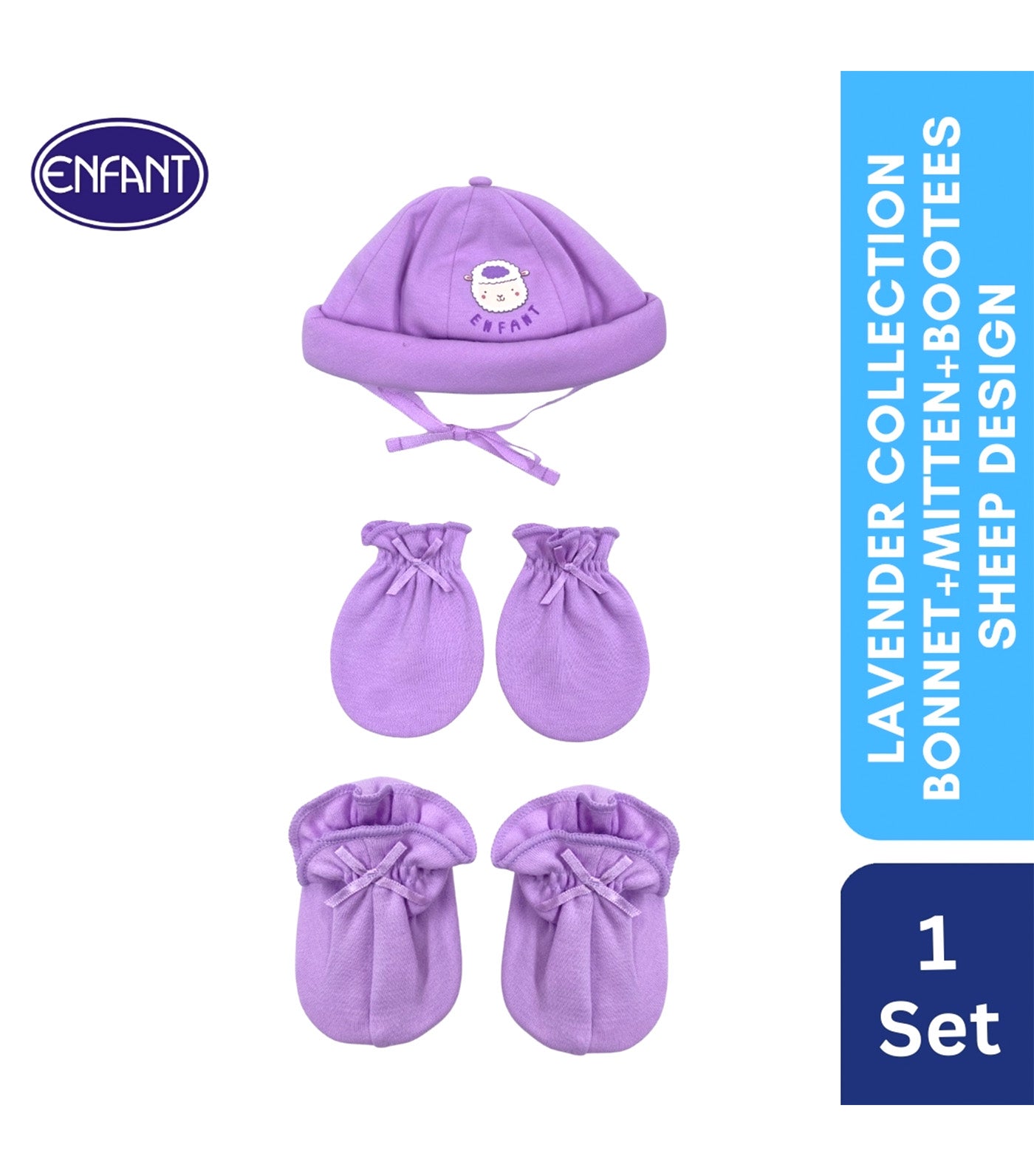 Set of Bonnet Mitten and Booties with Sheep Design