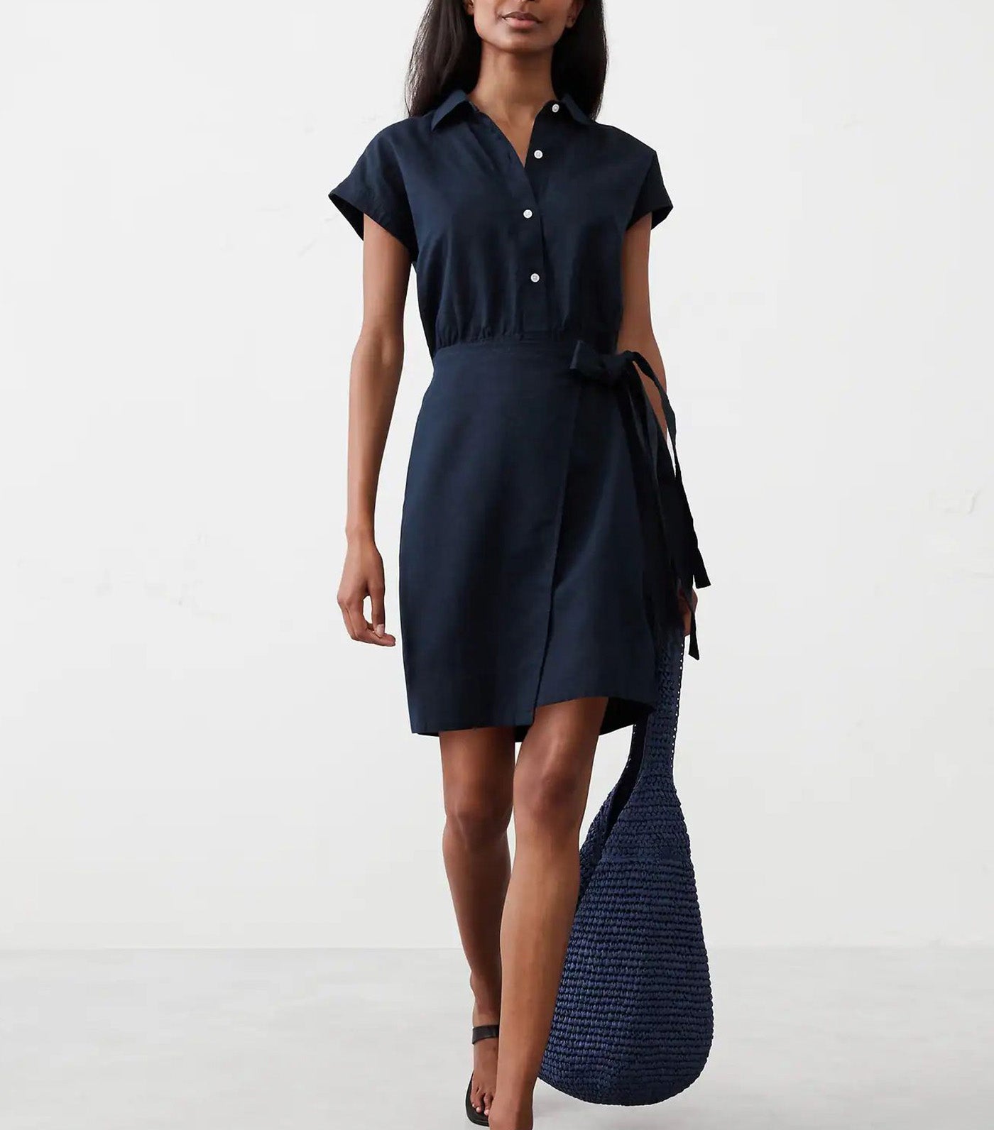 Linen-Blend Wrap Mini Shirt Dress Preppy Navy