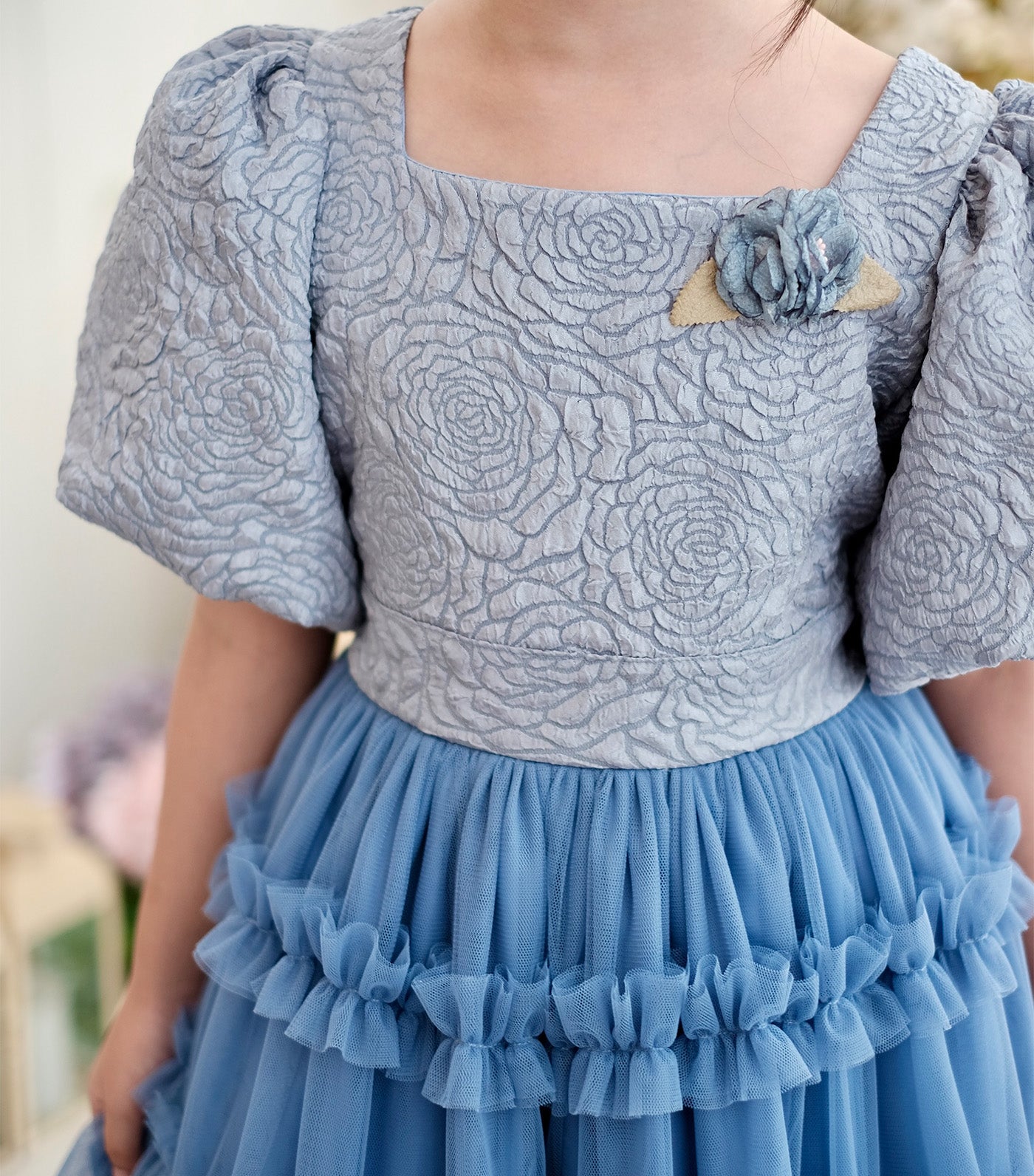 Pascalle Jacquard Midi Dress with Brooch Dusty Blue