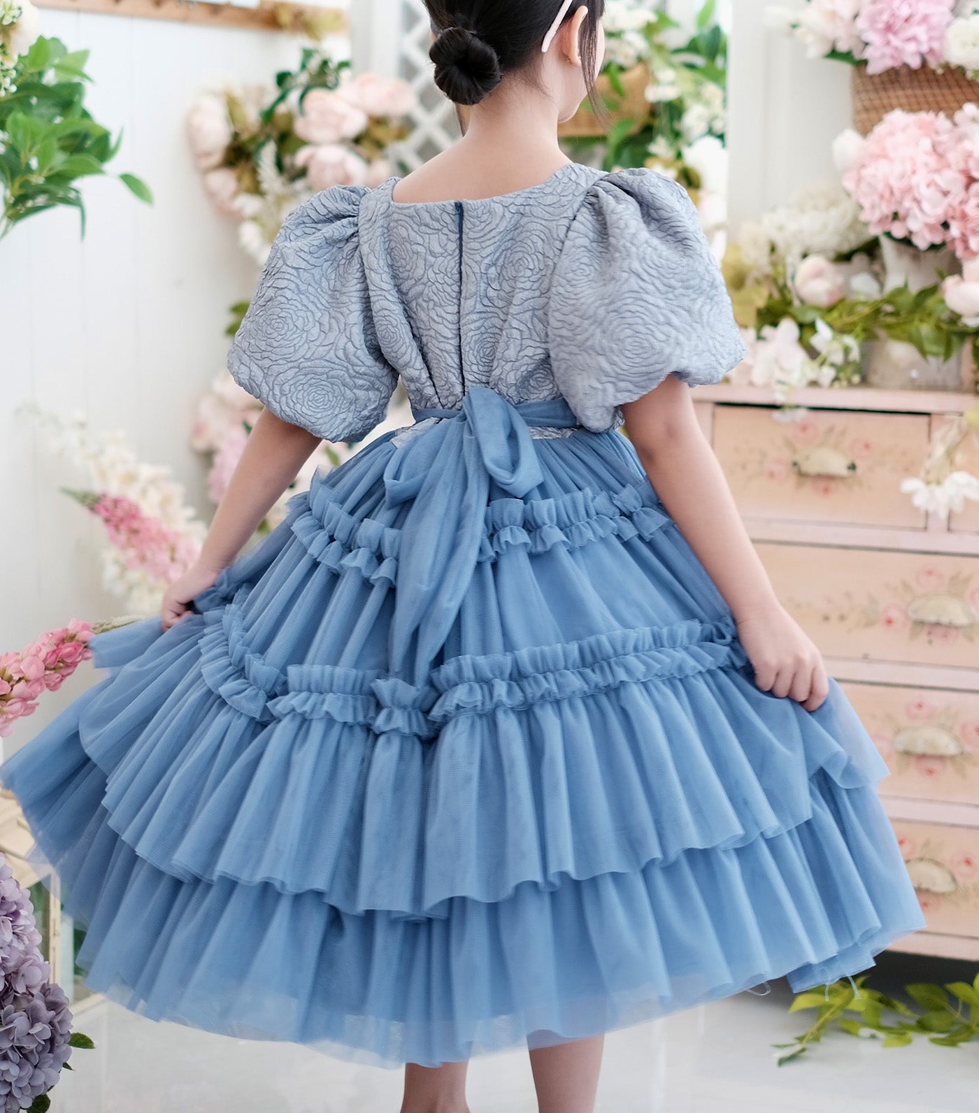 Pascalle Jacquard Midi Dress with Brooch Dusty Blue