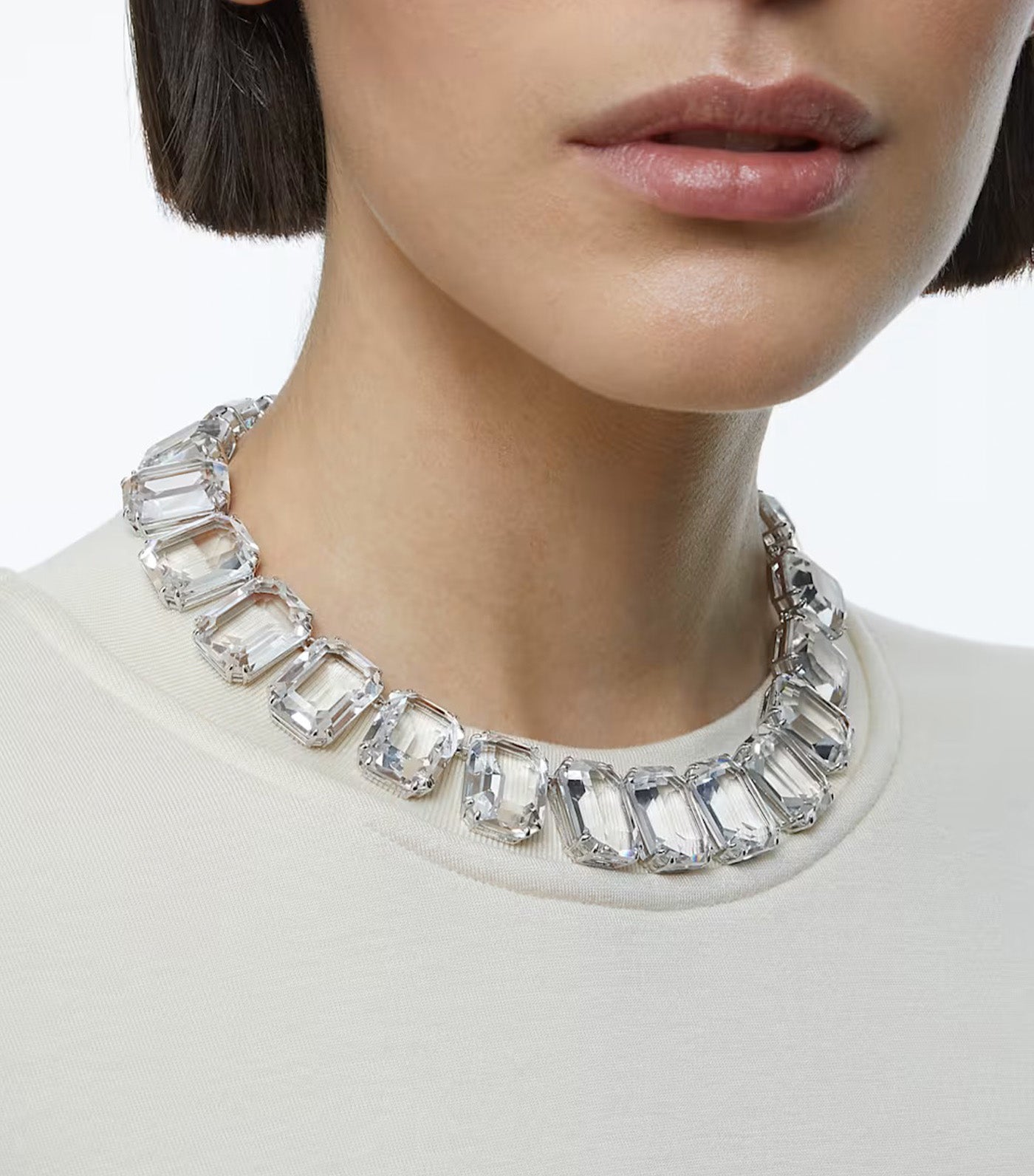 Millenia Tennis Necklace Oversized Crystals, Octagon Cut, White, Rhodium Plated Silver
