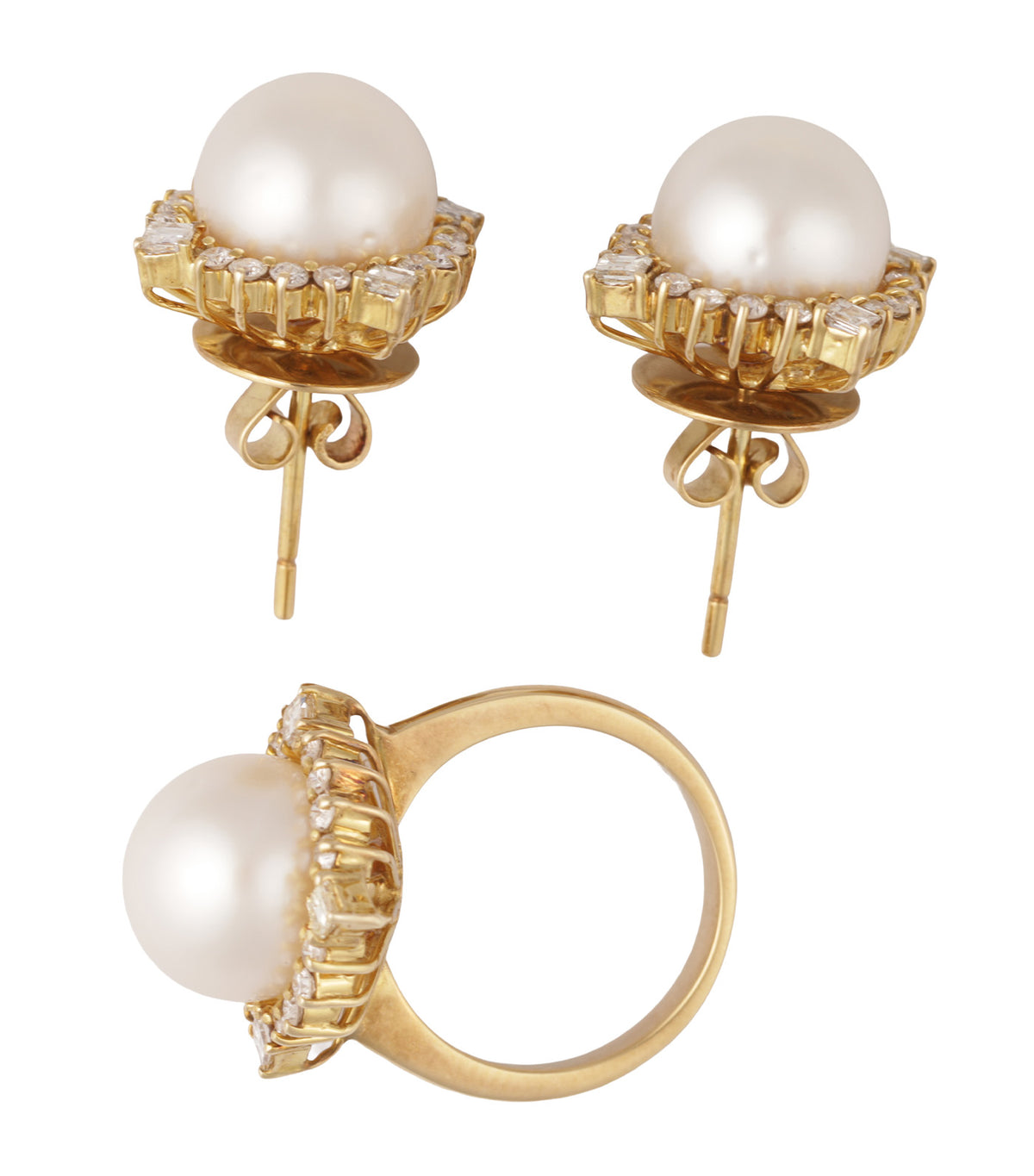 South Sea Pearl Ring and Earrings Set Yellow Gold
