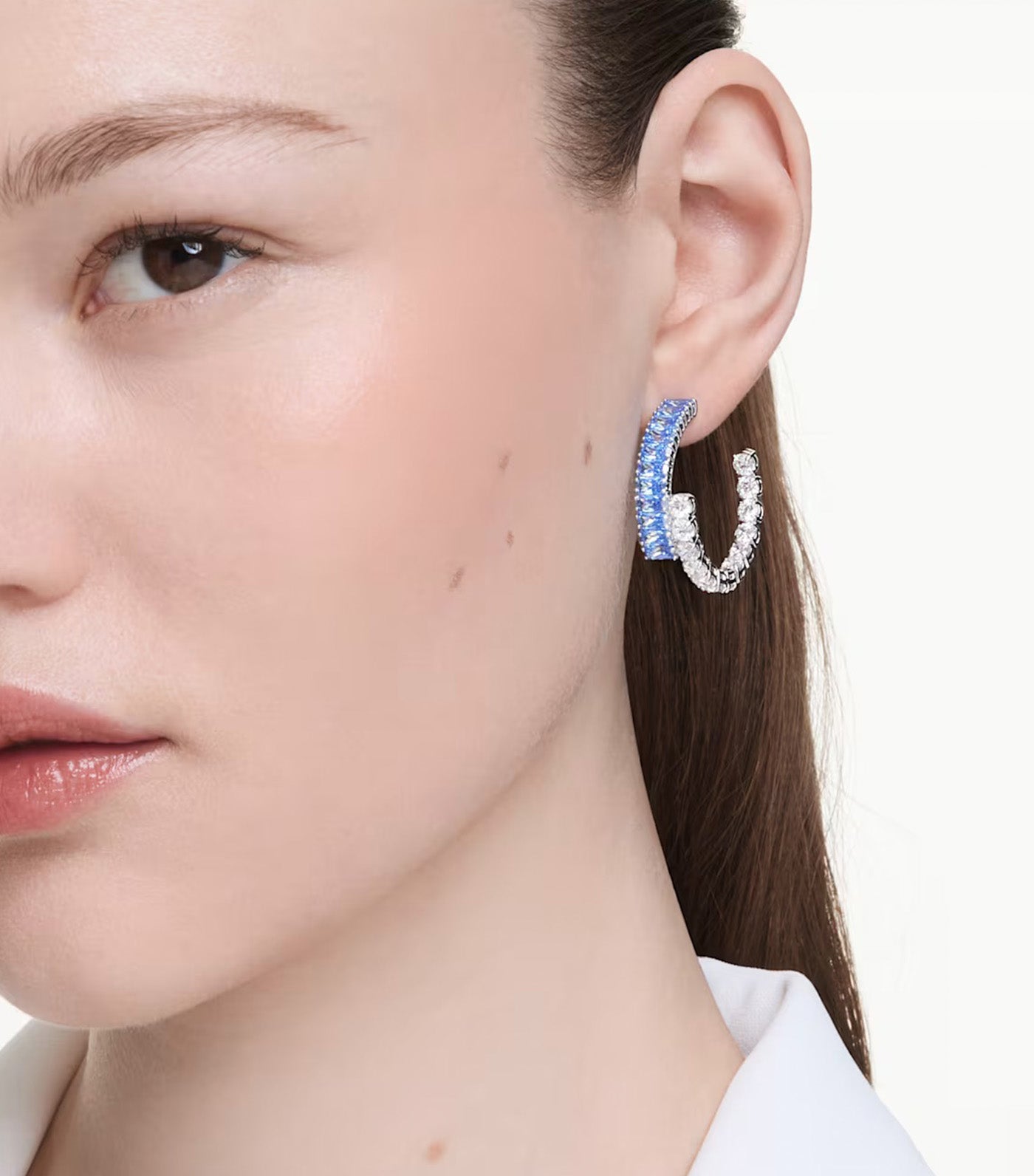 Matrix Hoop Earrings Mixed Cuts, Rhodium Plated, Blue
