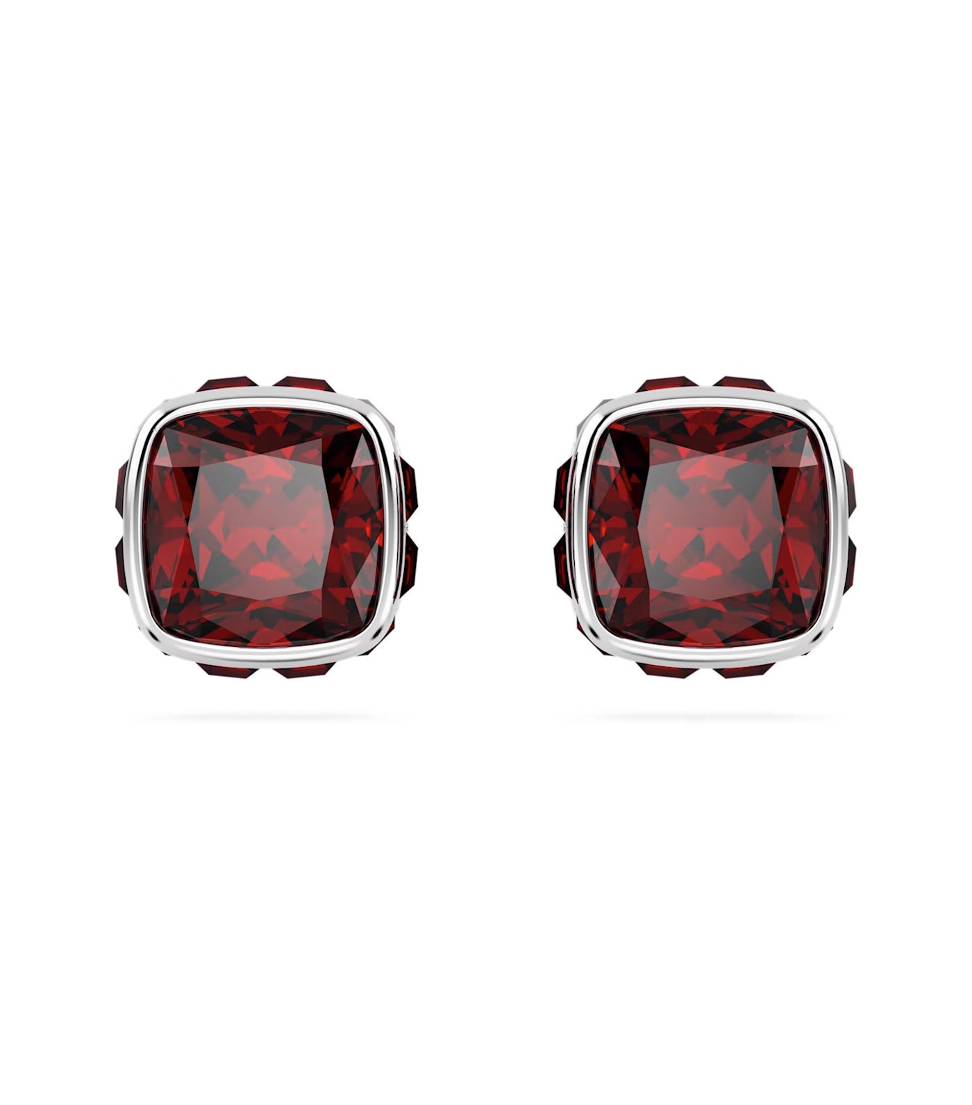 Birthstone Stud Earrings, Square Cut, January, Red, Rhodium Plated
