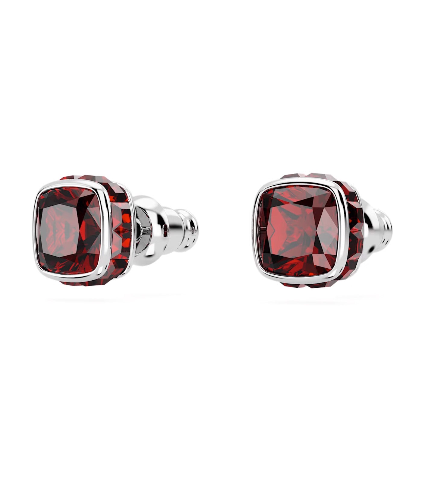 Birthstone Stud Earrings, Square Cut, January, Red, Rhodium Plated