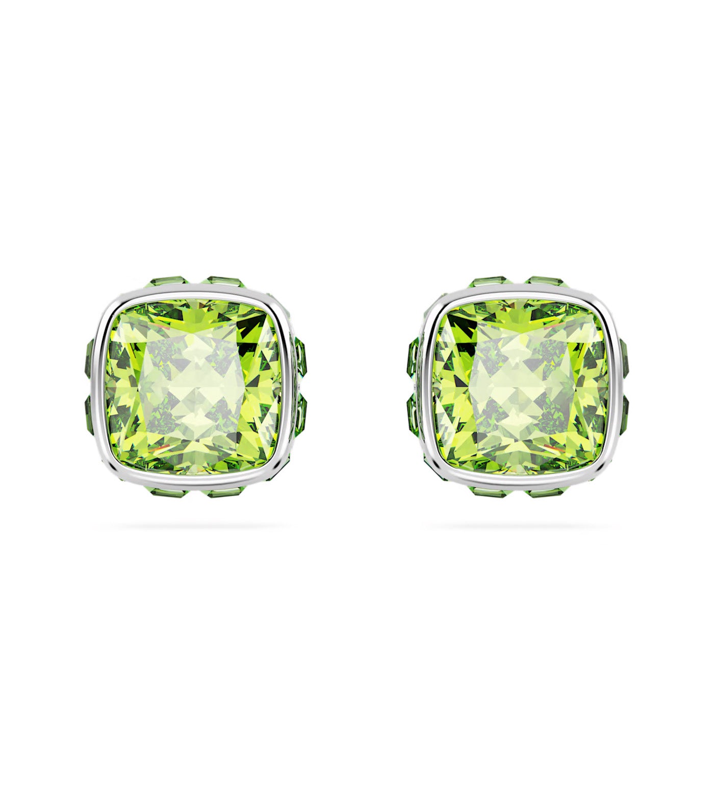 Birthstone Stud Earrings, Square Cut, August, Green, Rhodium Plated
