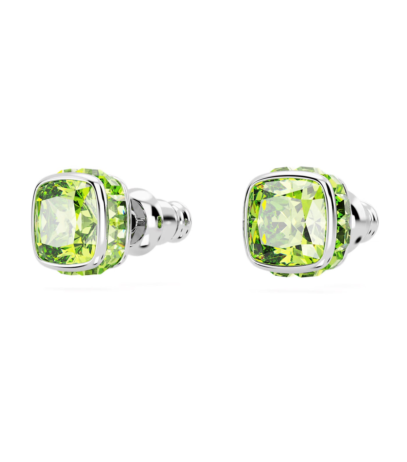 Birthstone Stud Earrings, Square Cut, August, Green, Rhodium Plated