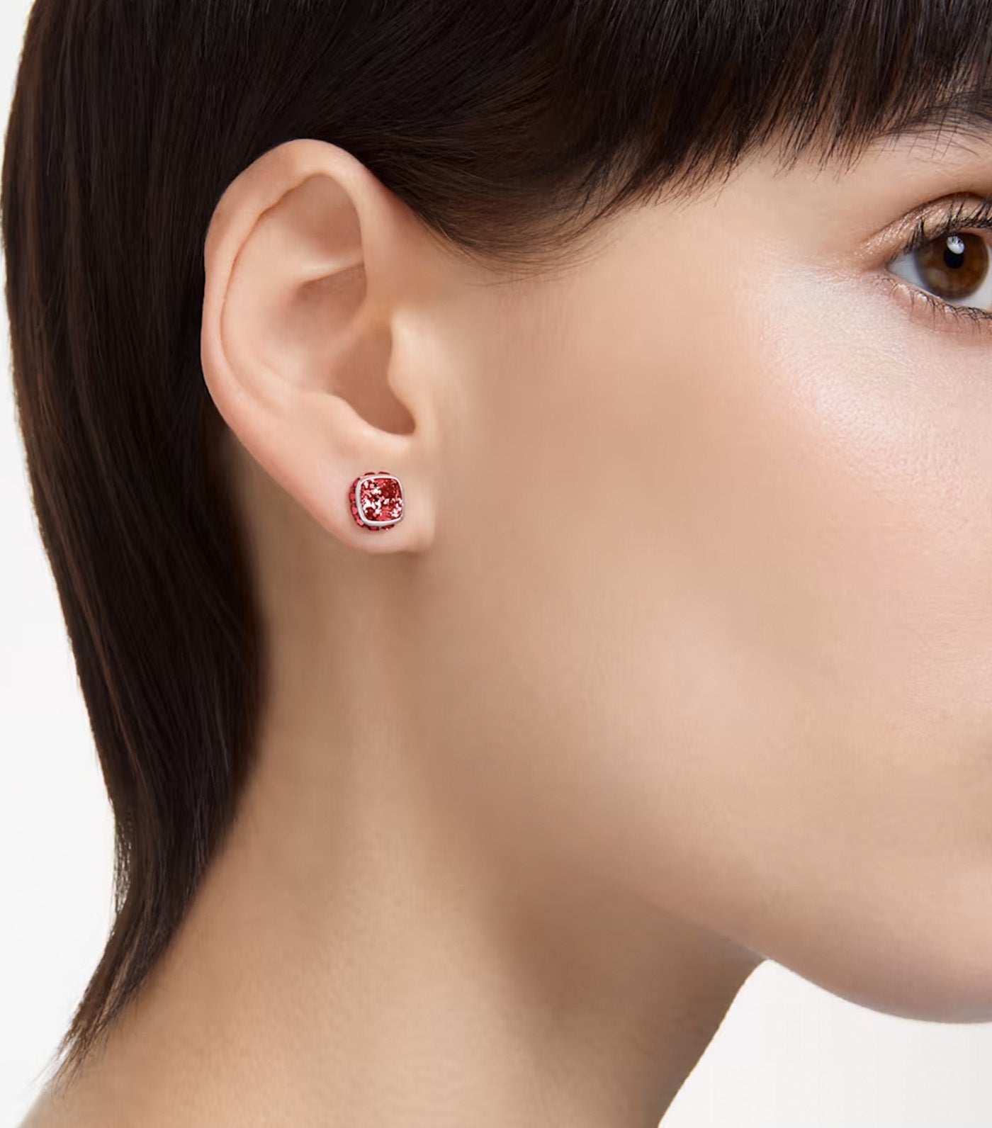 Birthstone Stud Earrings, Square Cut, July, Red, Rhodium Plated