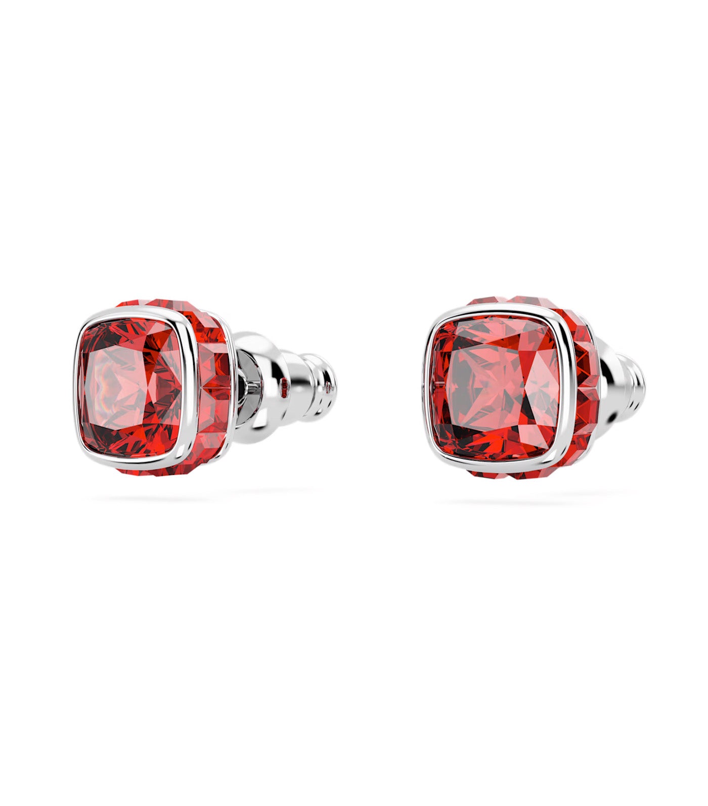 Birthstone Stud Earrings, Square Cut, July, Red, Rhodium Plated