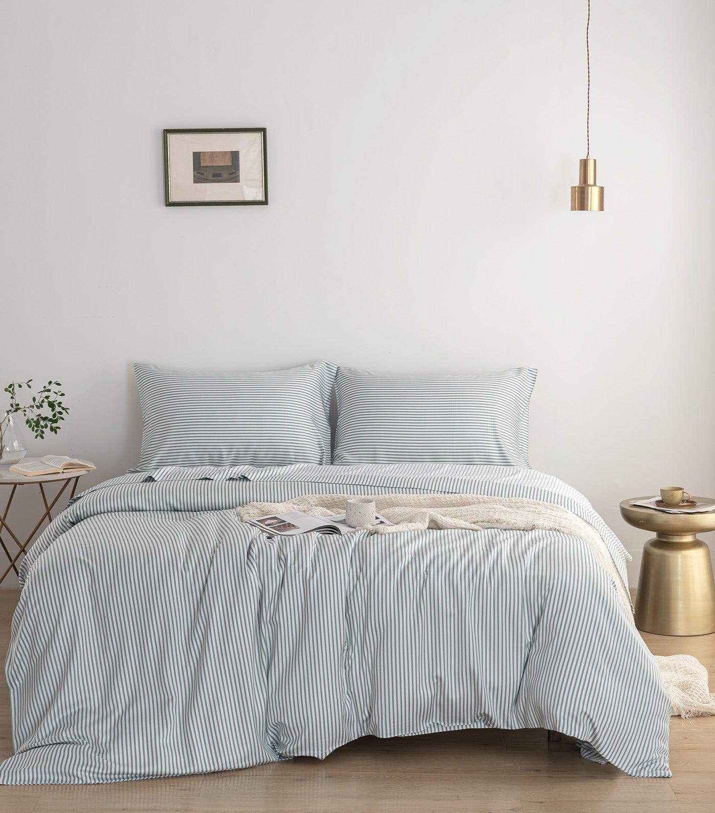 Linen & Homes Bamboo Starter Sheet Set (3 Piece Set) Earthy Green Stripes Queen