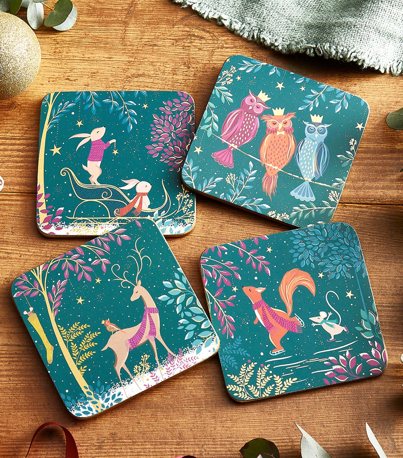 Sara Miller Woodland Tales Coasters Set of 4 Deer & Robin
