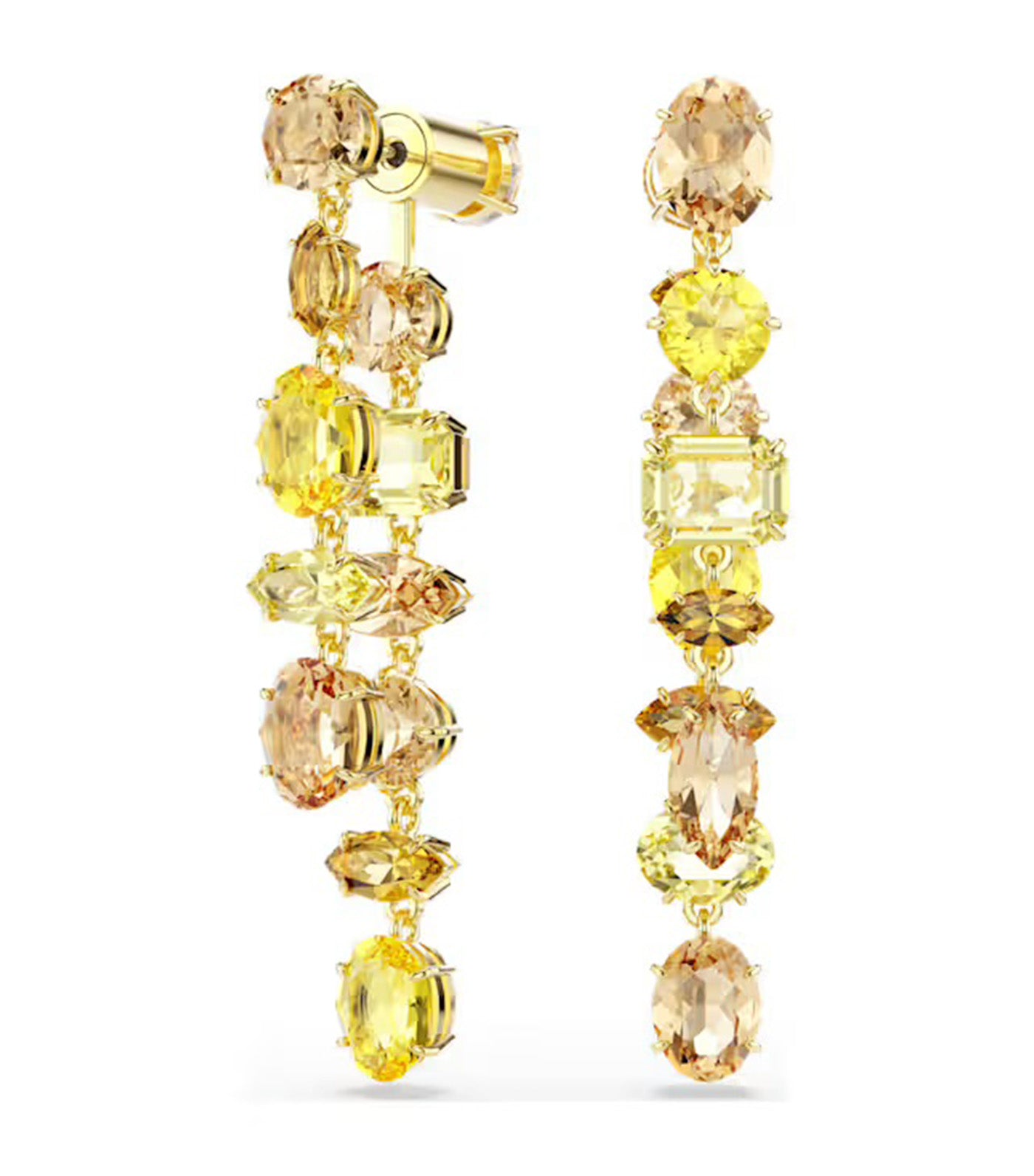 Gema Drop Earrings Asymmetrical Design, Mixed Cuts, Long, Yellow, Gold-Tone Plated