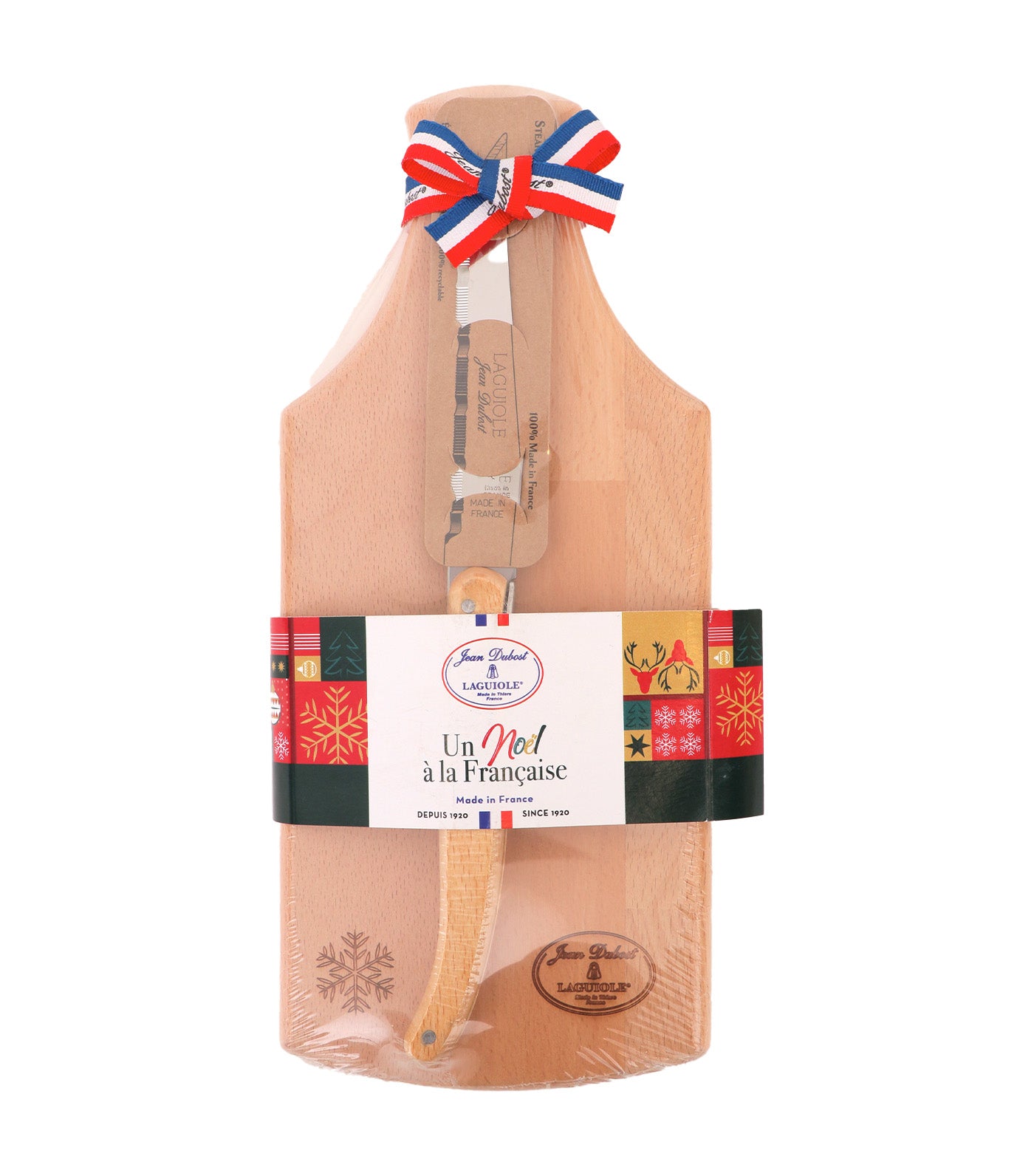 Small Appetizer Board With Snowflake Design on Beech Wood Handle And Laguiole Knife Set