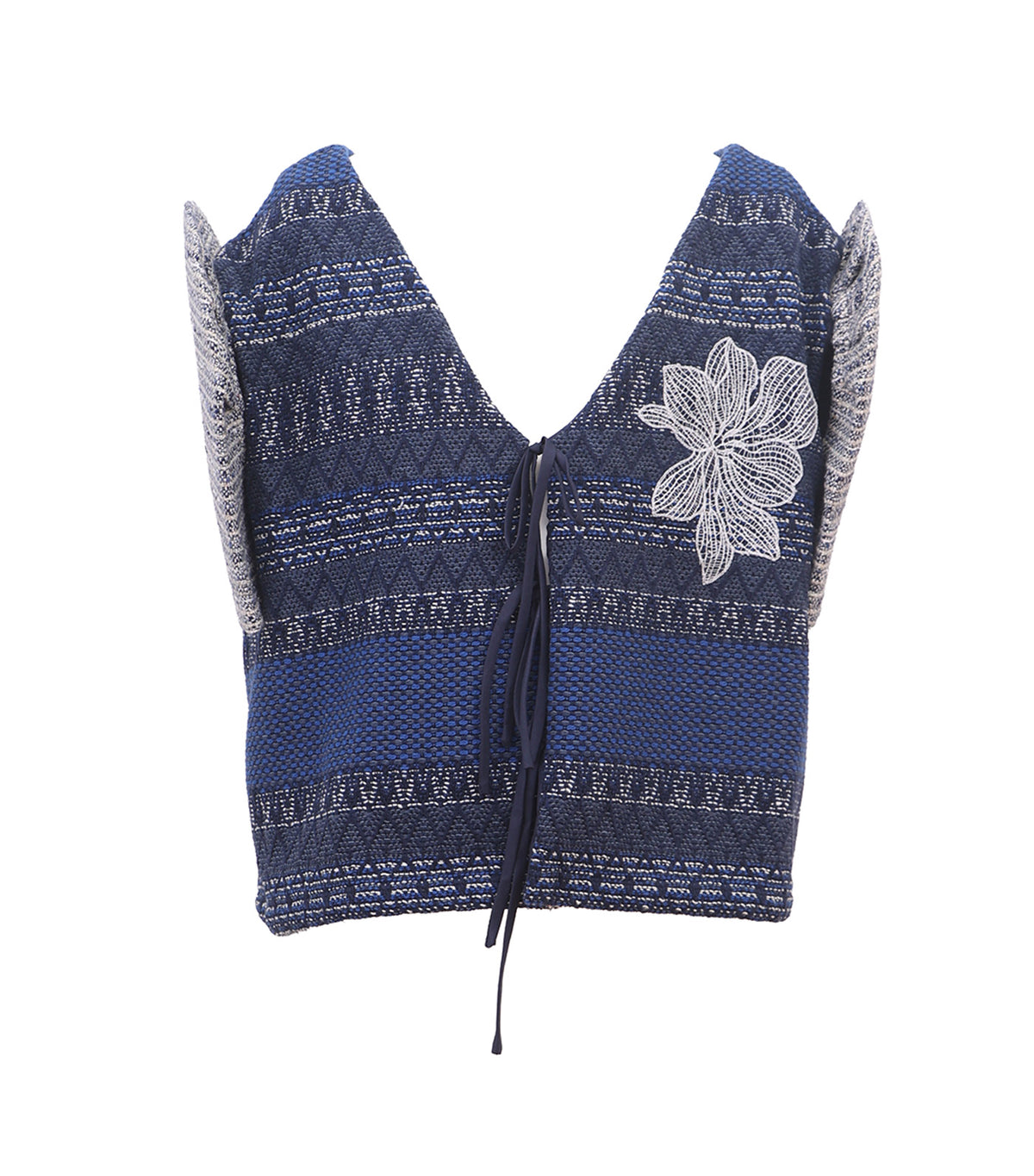 Striped Tweed Filipiñana Top for Adults with Detachable Sleeves Blue