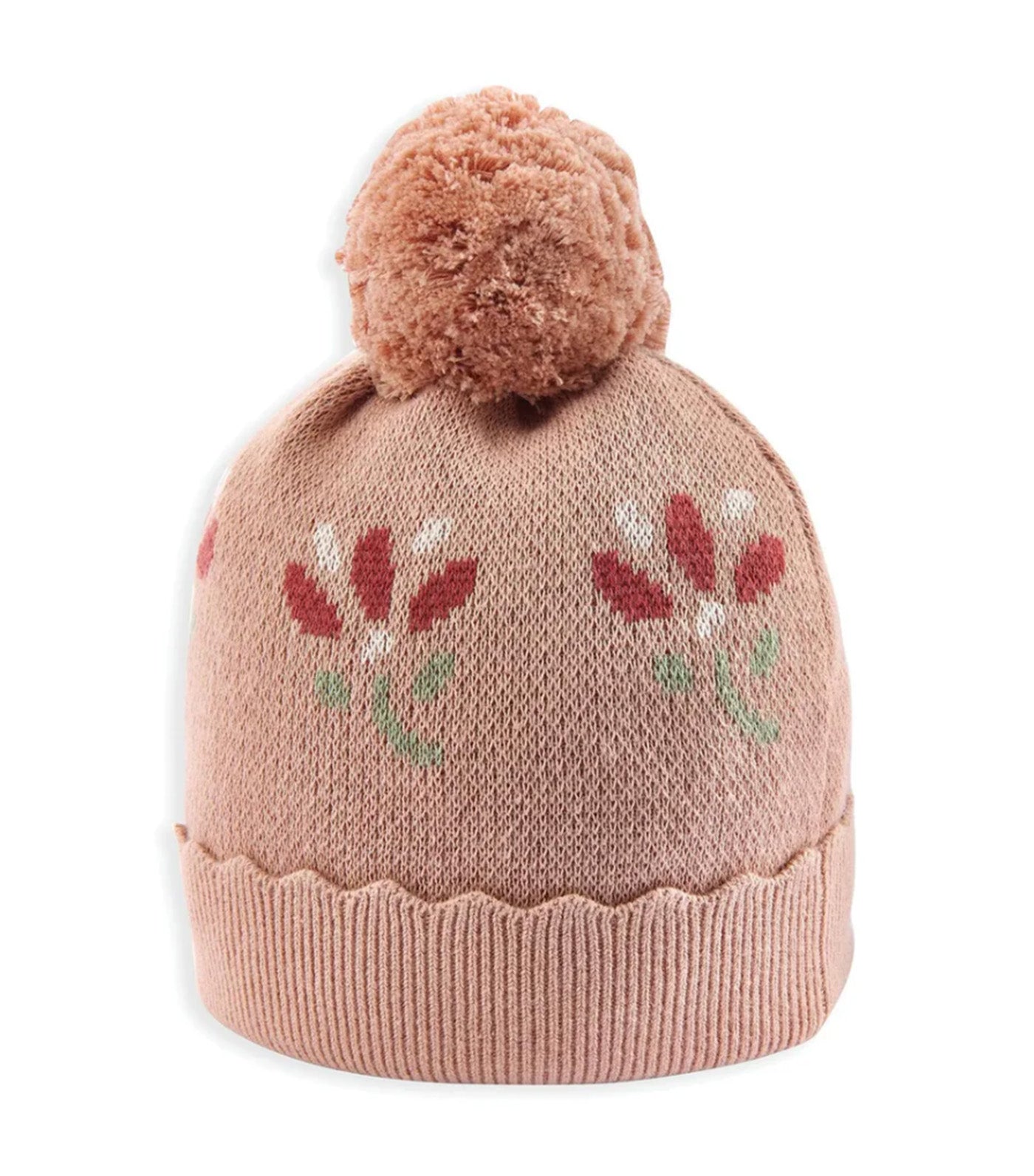 Jacquard Floral Knit Hat and Pom Pom Pink