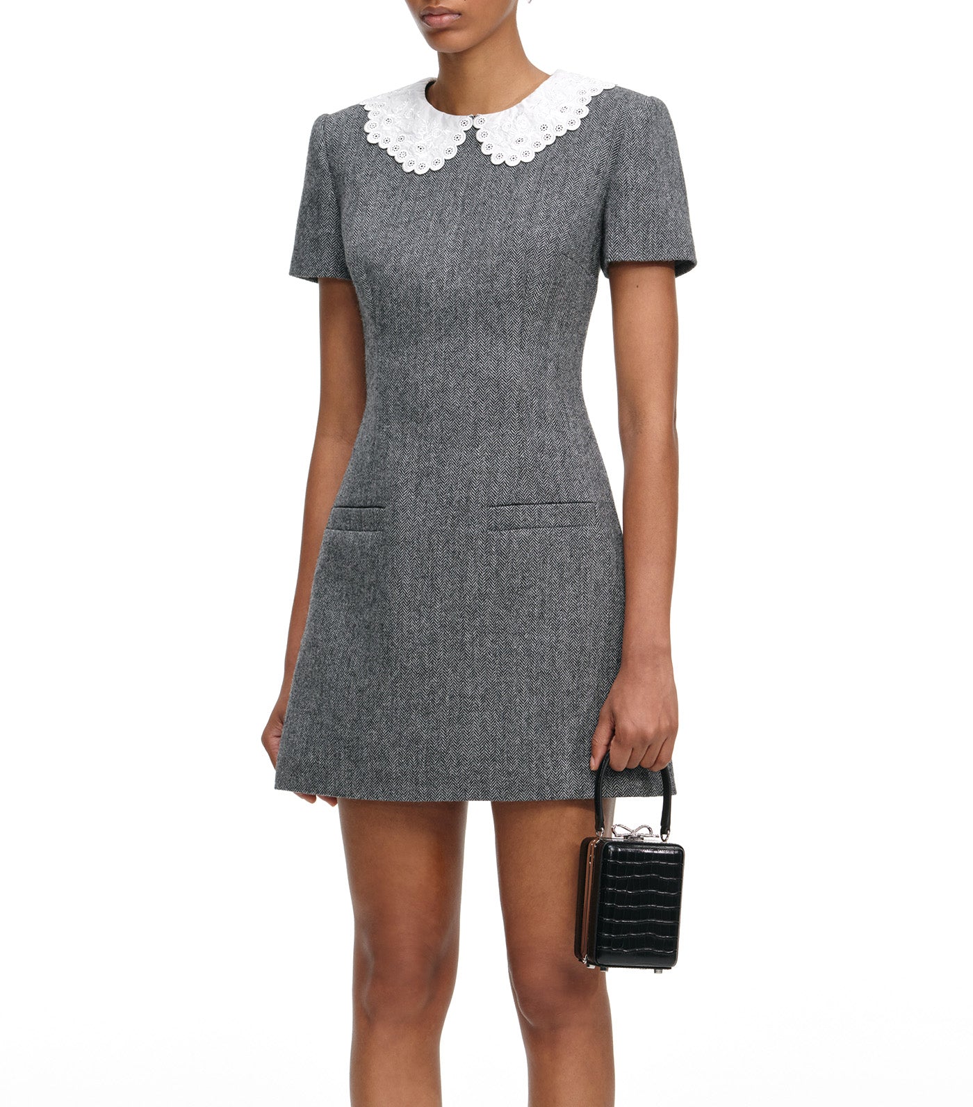 Self-Portrait Herringbone Collared Mini Dress Gray
