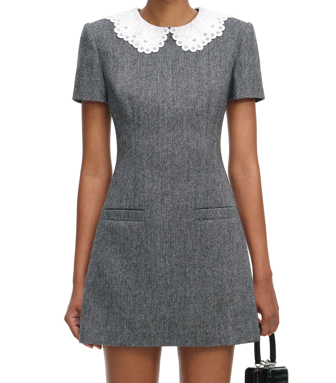 Self-Portrait Herringbone Collared Mini Dress Gray
