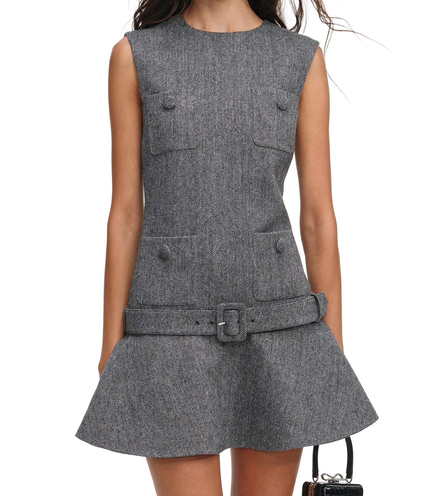Self-Portrait Herringbone Flared Mini Dress Gray