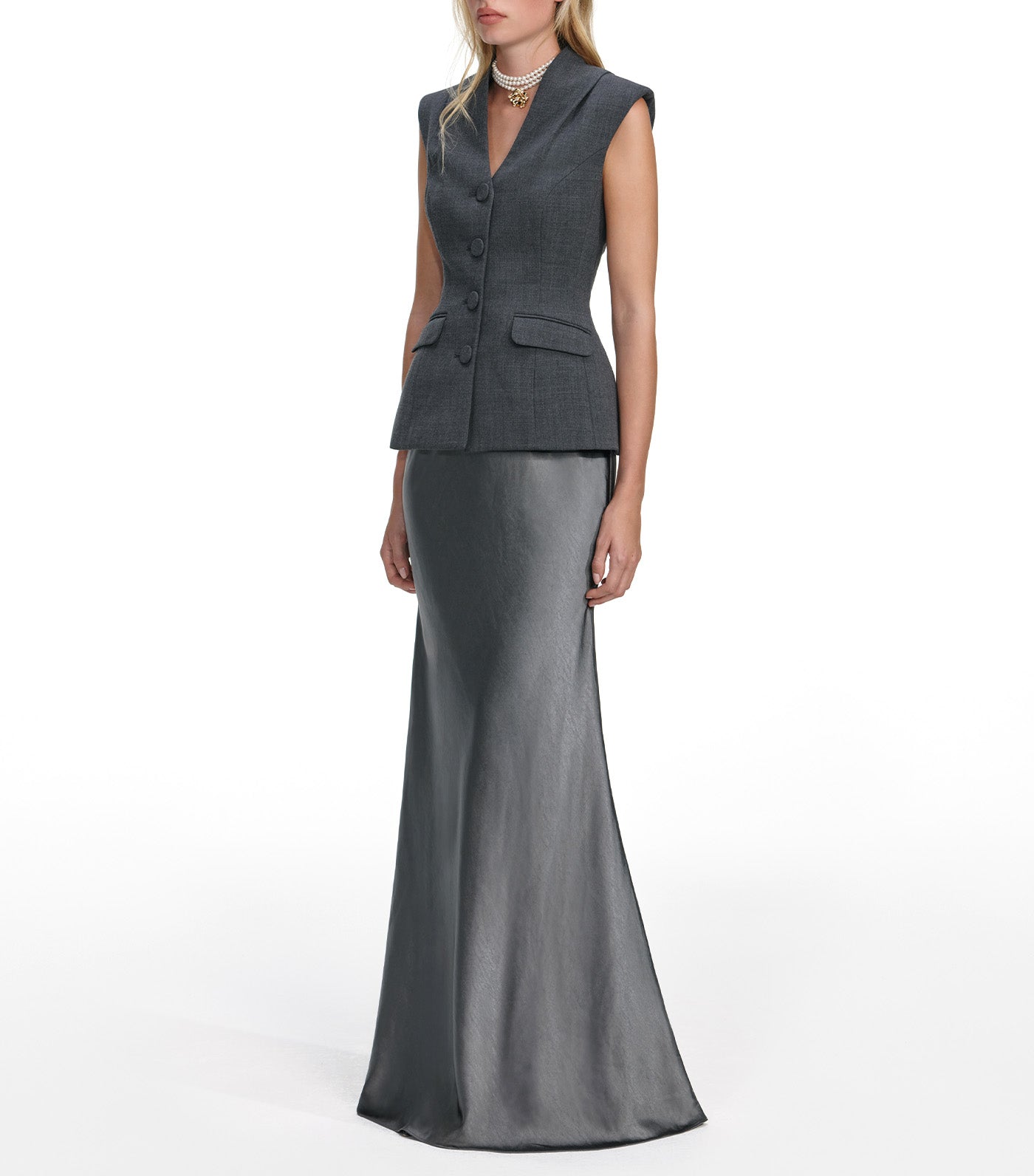 Self-Portrait Tailored Satin Maxi Dress Gray