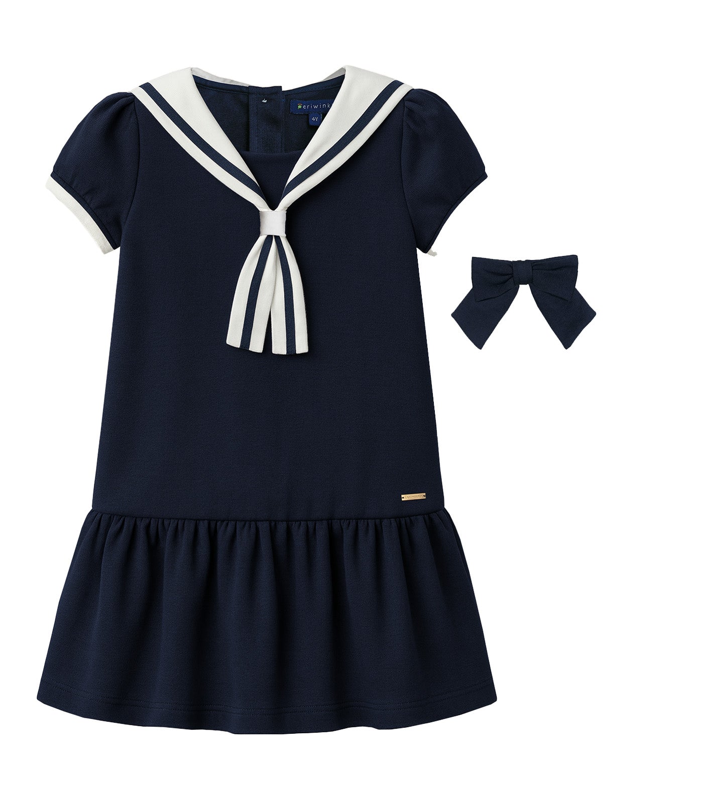 Tayla Girls Navy Sailor Drop Waist Dress with Bow Clip Navy