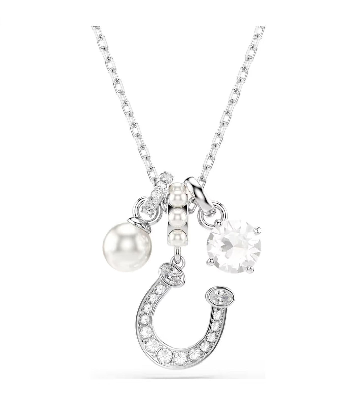 Symbolica Pendant Crystal Pearl, Round Cut, Pavé, Horse Shoe, Rhodium Plated, White