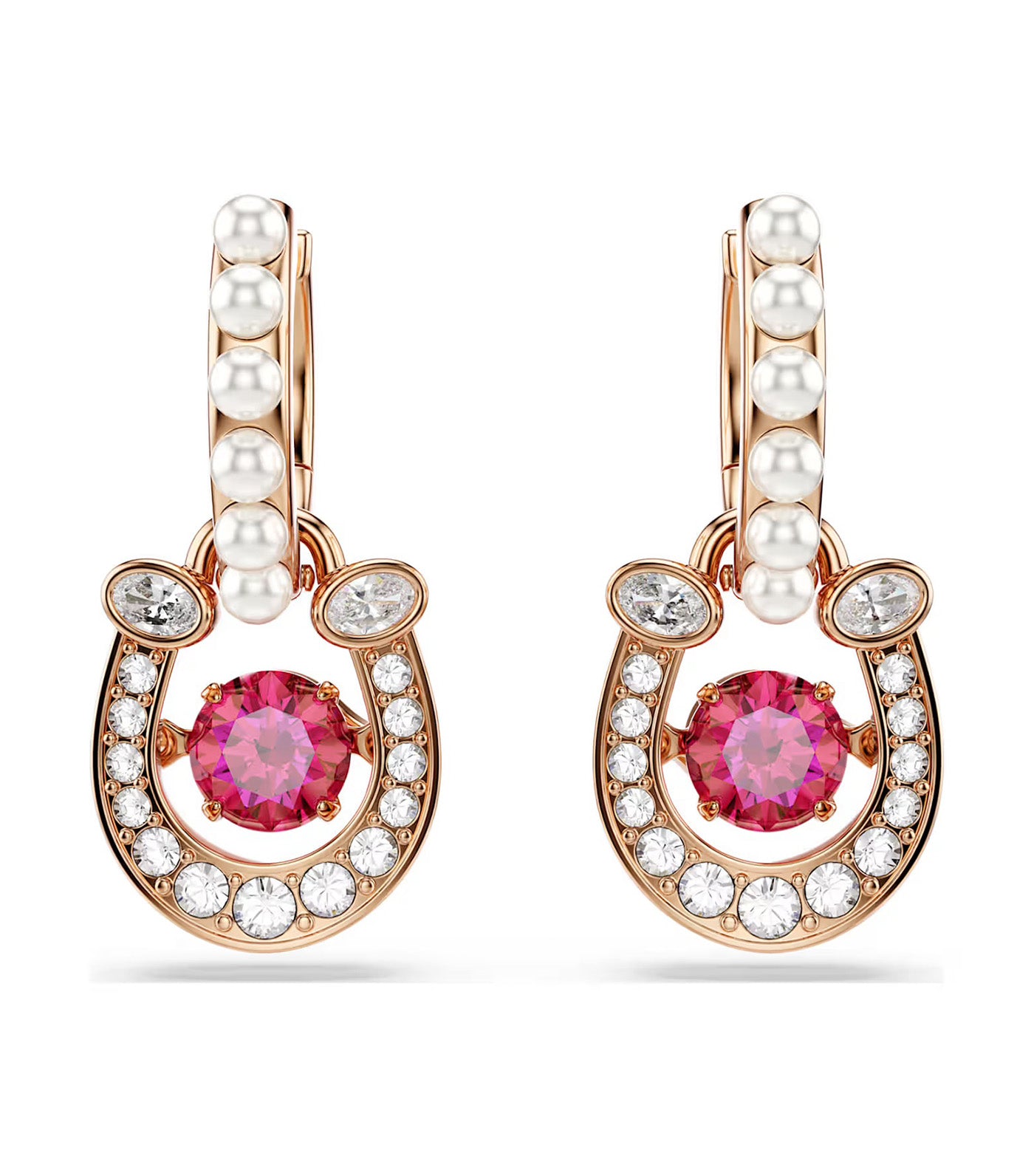 Symbolica Drop Earrings Crystal Pearl, Round Cut, Pavé, Horse Shoe, Rose Gold-Tone Plated, Red