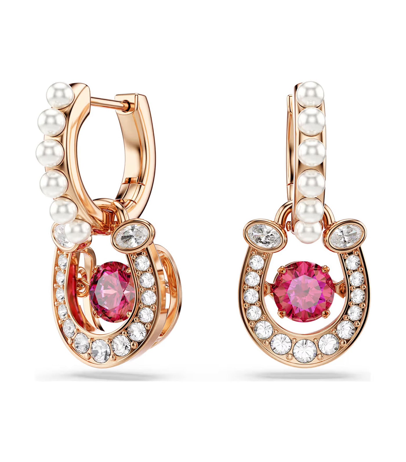 Symbolica Drop Earrings Crystal Pearl, Round Cut, Pavé, Horse Shoe, Rose Gold-Tone Plated, Red