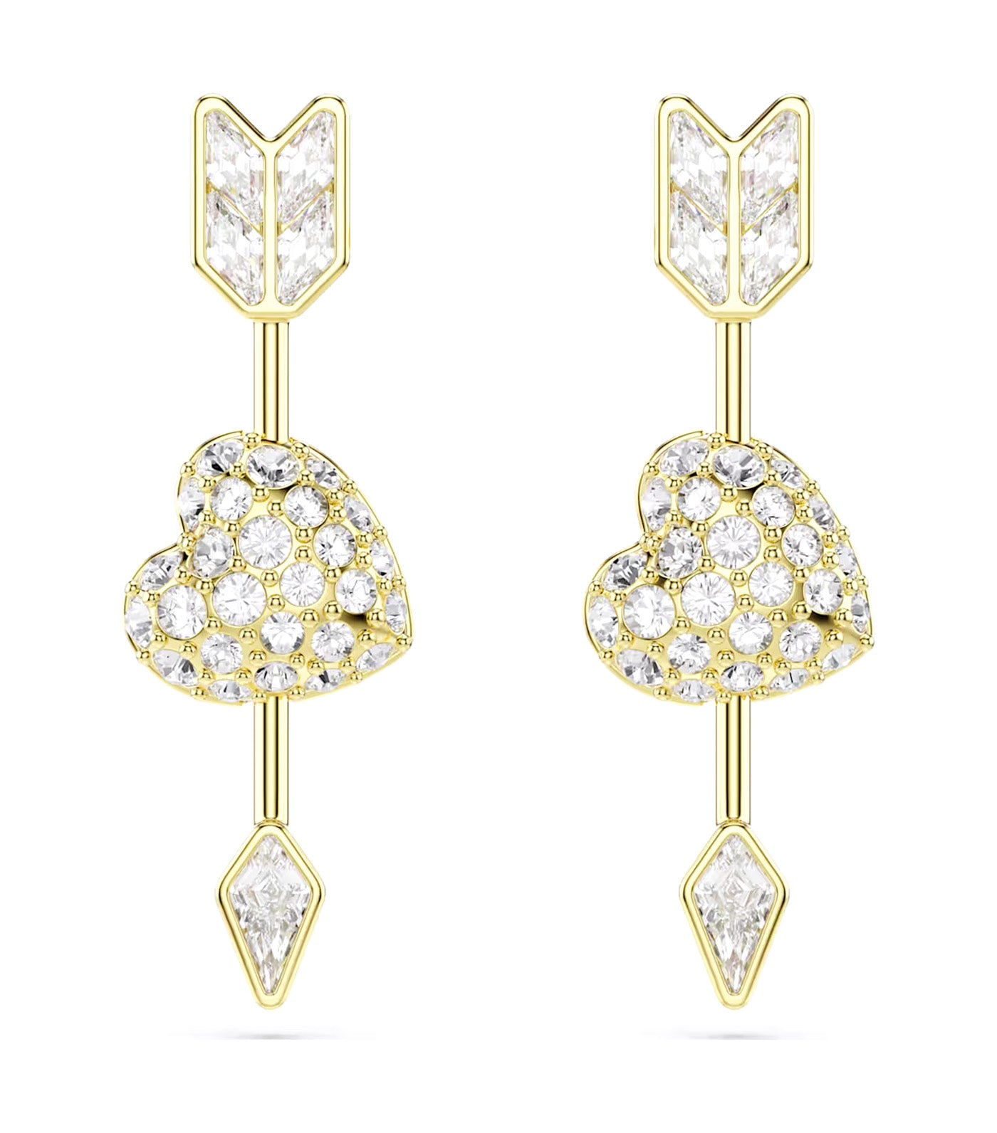 Idyllia Drop Earrings Mixed Cuts, Heart with Arrow, White, Gold-Tone Plated