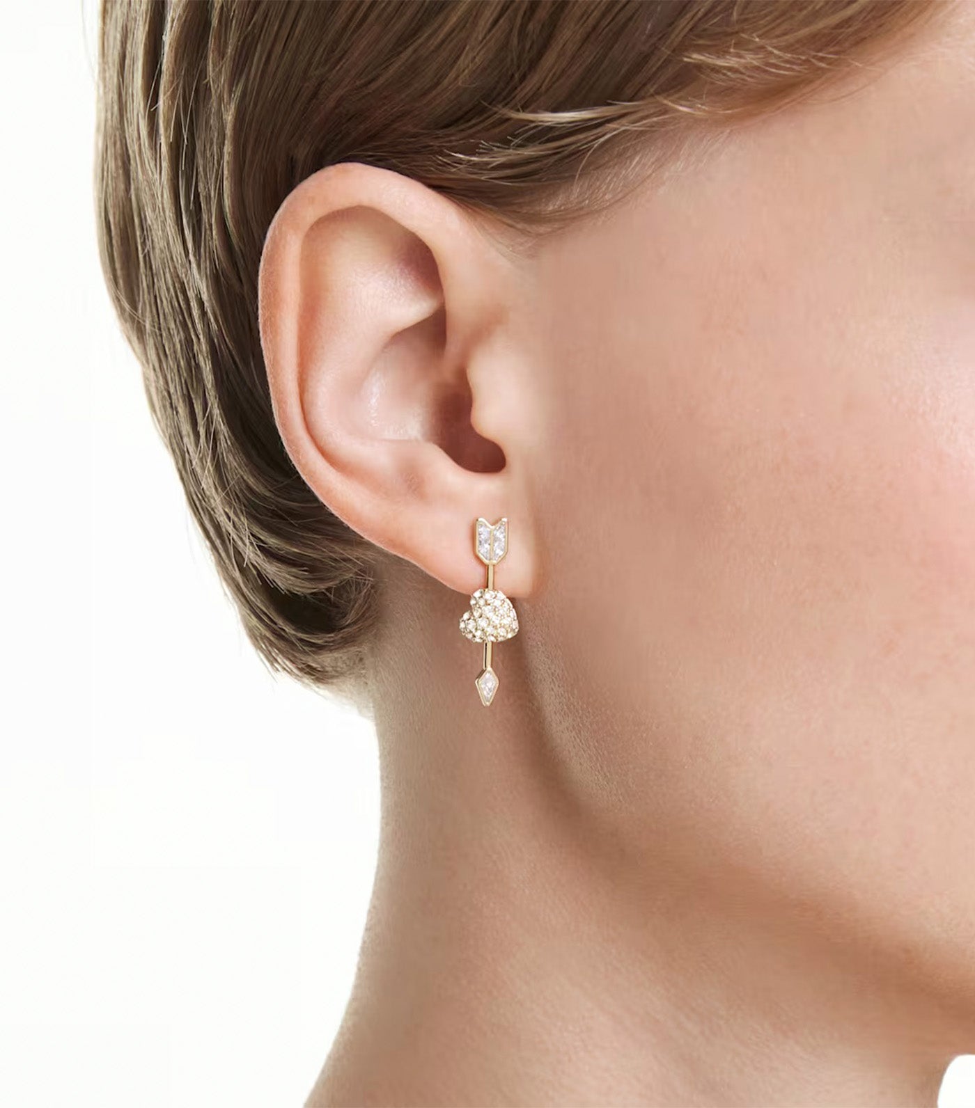 Idyllia Drop Earrings Mixed Cuts, Heart with Arrow, White, Gold-Tone Plated