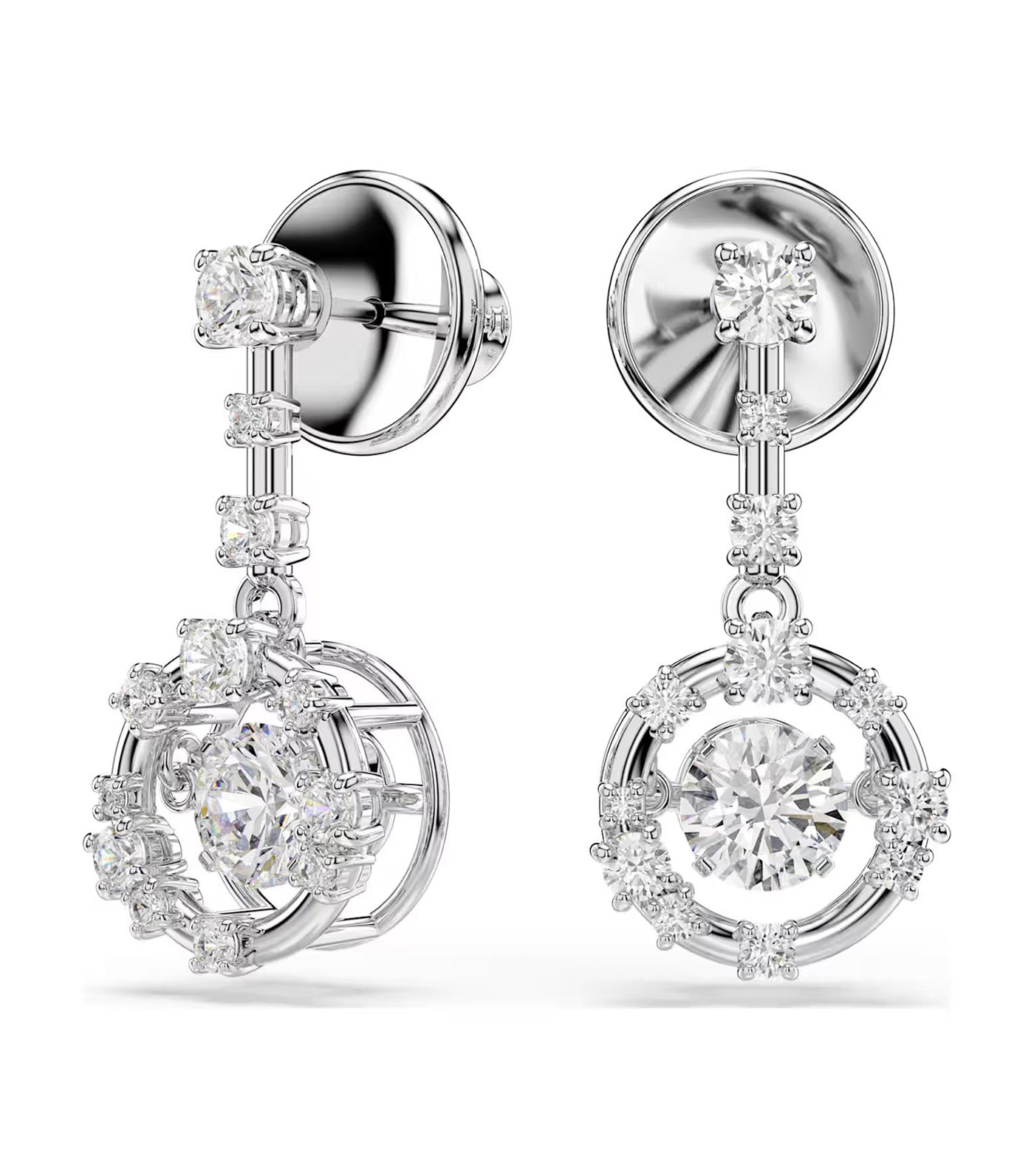 Constella Drop Earrings Round Cut, Dancing Stone, Rhodium Plated, White