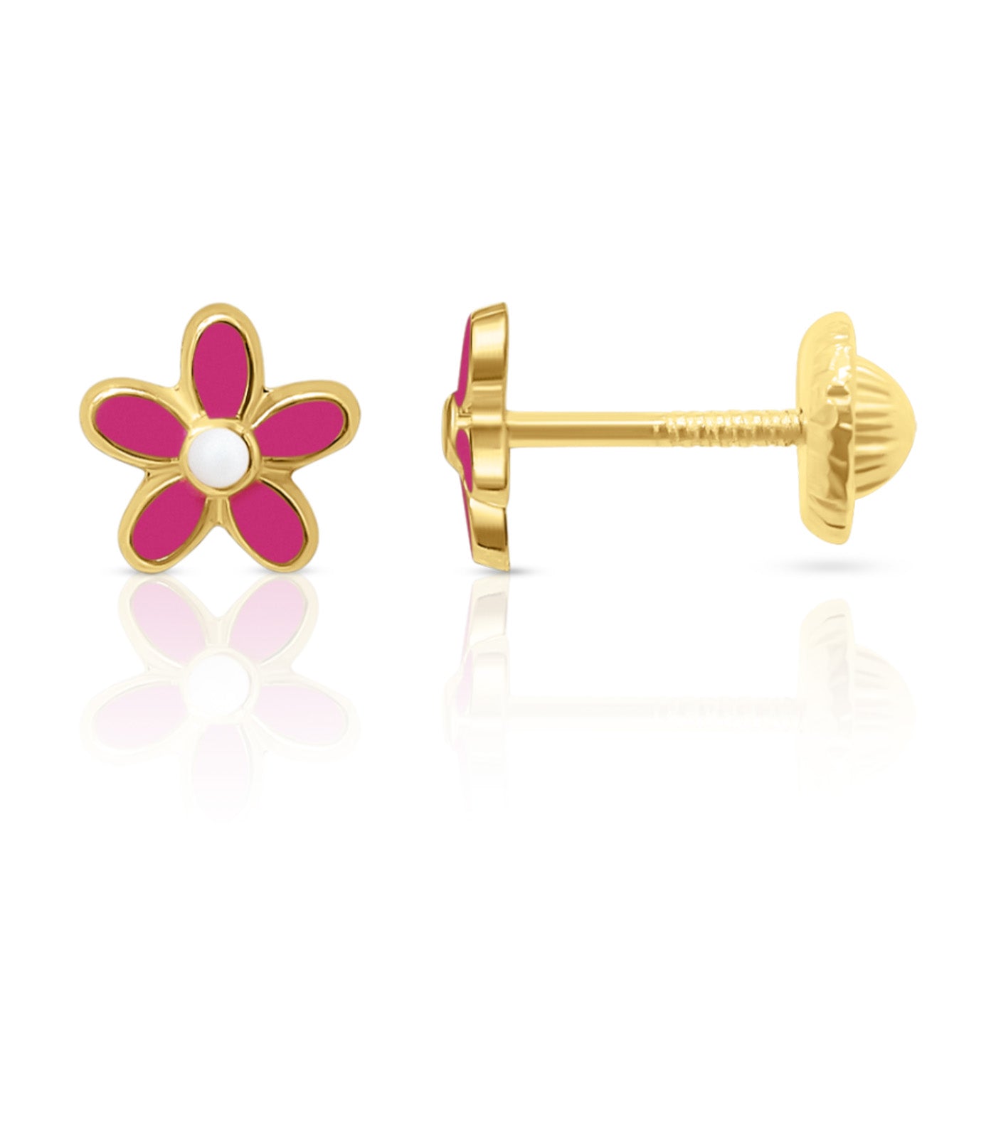 18K Enamel Flower Earrings Yellow Gold Pink