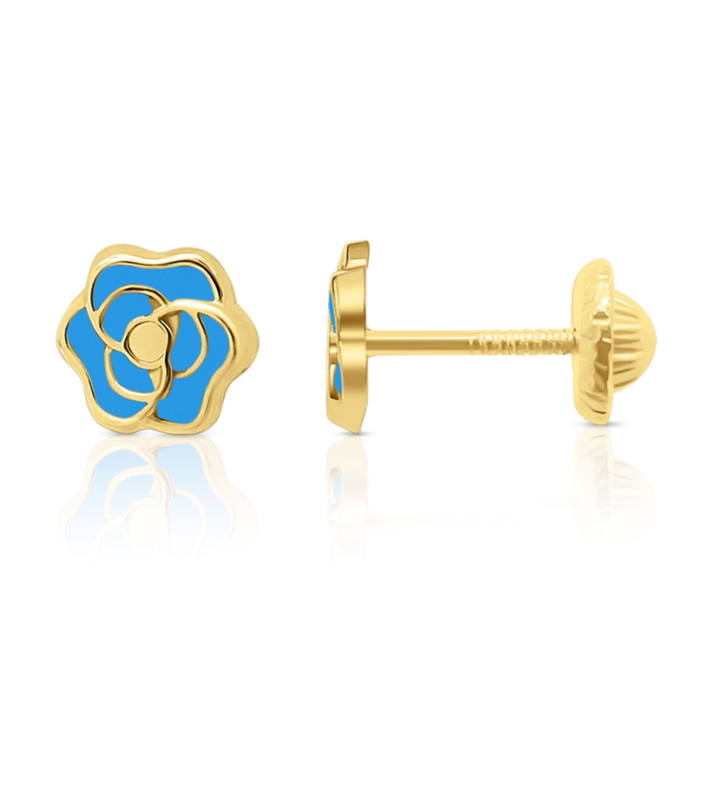 18K Enamel Flower Earrings Yellow Gold Blue