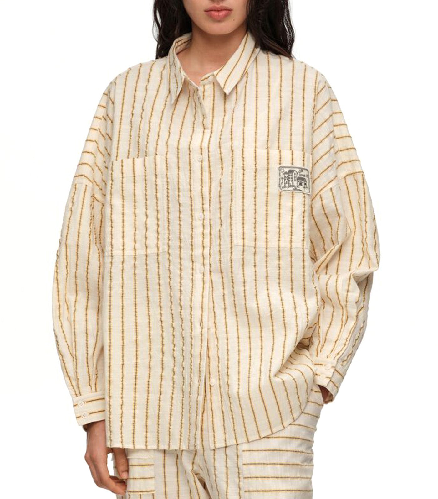 Oversized Cotton Shirt with Ochre Stripe Texture