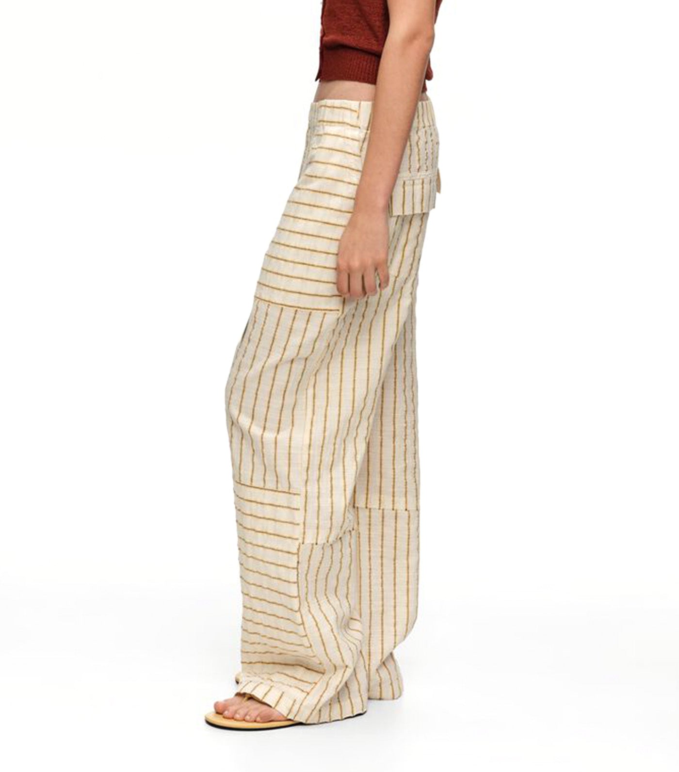Bimba Y Lola Cotton Patchwork Jogger Trousers with Stripes Ochre
