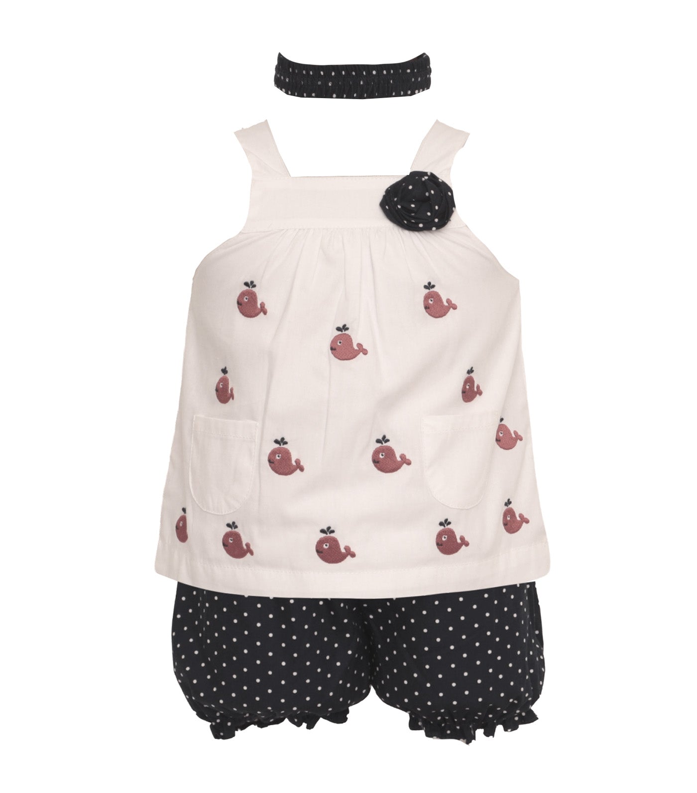 Haltered Embroidered Top with Bloomers and Headband Red Whale