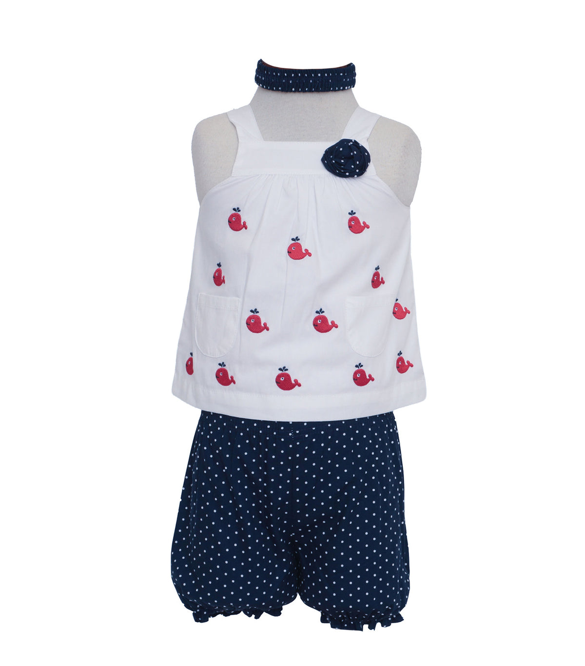 Haltered Embroidered Top with Bloomers and Headband Red Whale