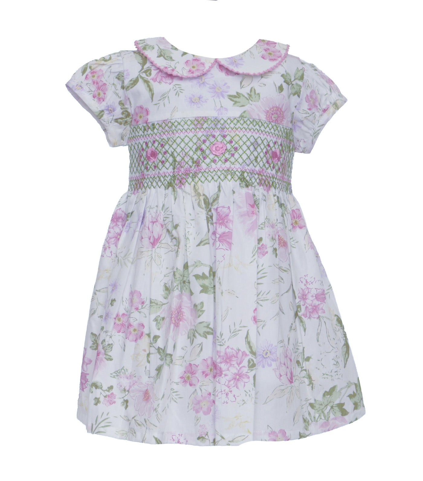 Floral Smocked Dress White/Pink/Green Flowers