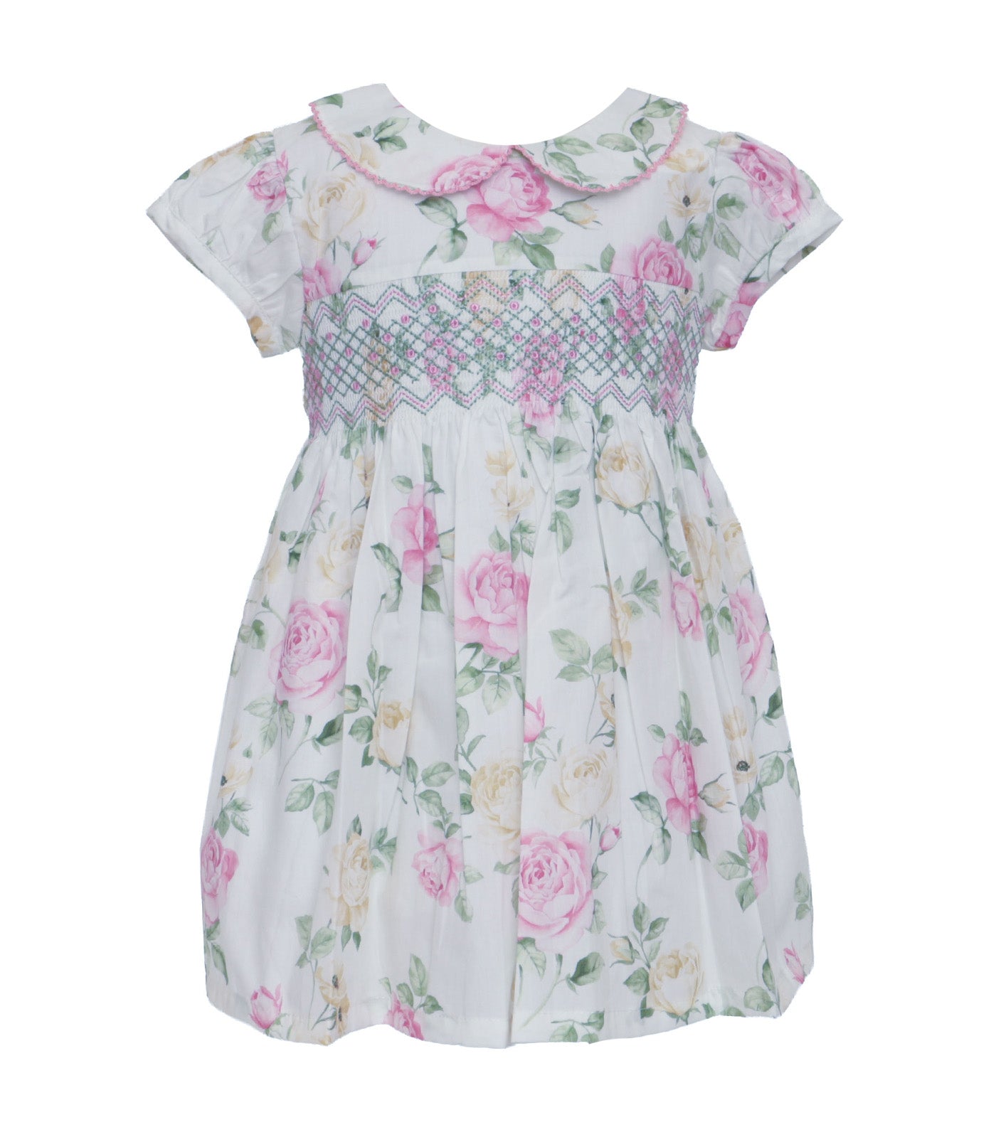 Floral Smocked Dress Light Green/Pink Roses