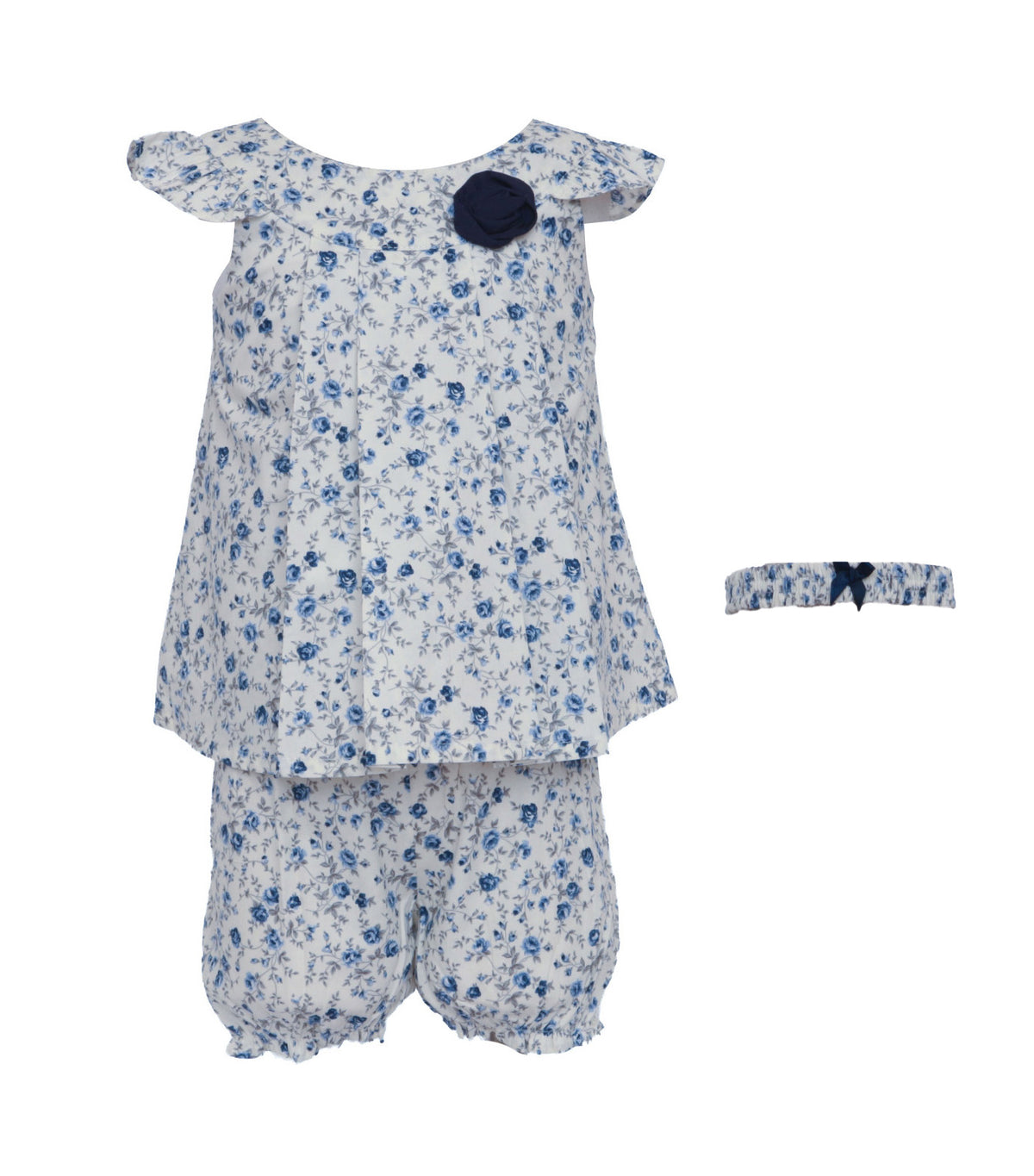Baby Floral Dress with Bloomers and Headband Blue Floral
