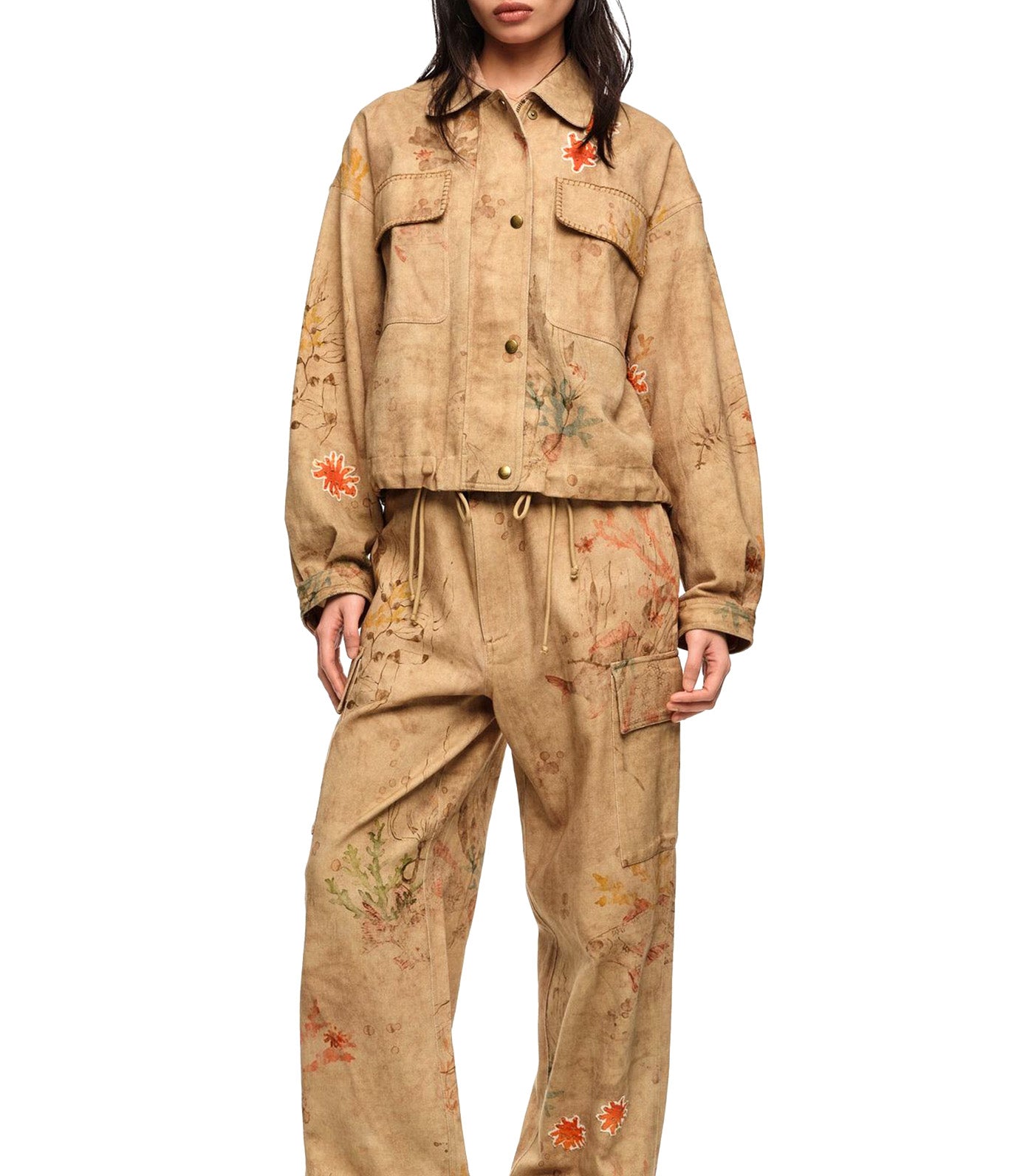 Short Jacket with Stitching and Underwater Patches Brown