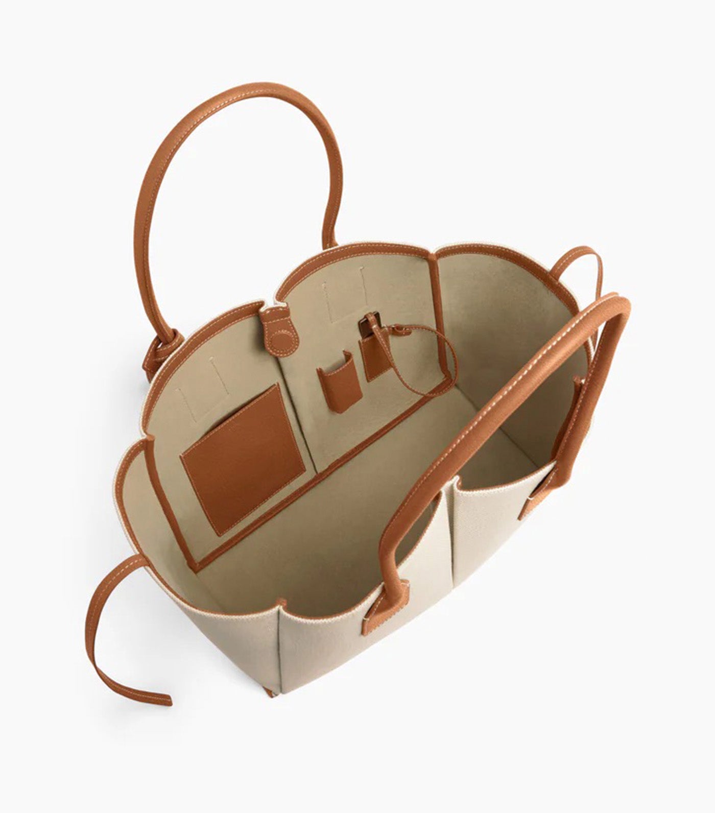 Le Tanneur Elena Large Tote Bag in Cotton Canvas and Grained Leather Natural Brown Tan